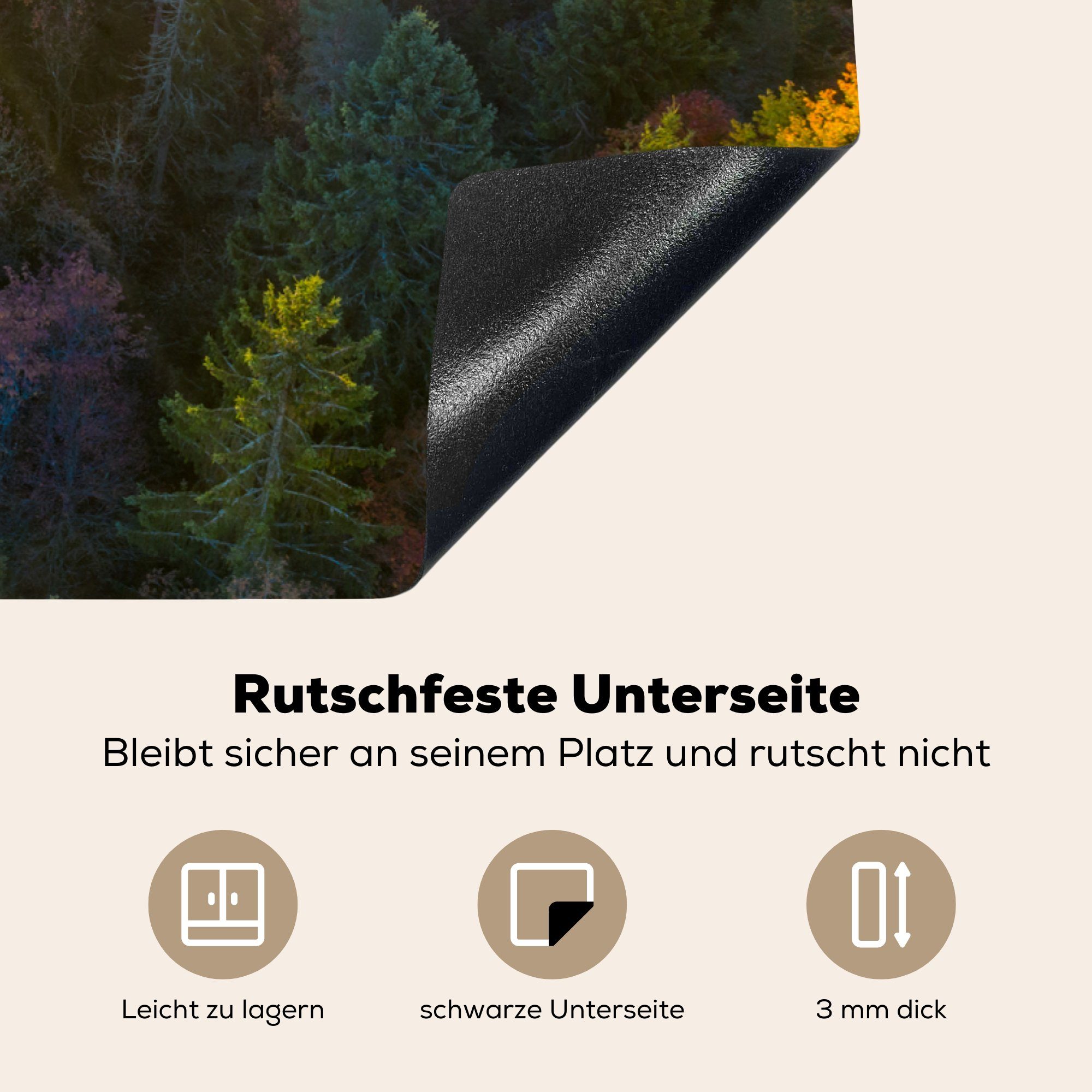 Wald Herdblende-/Abdeckplatte - Vinyl, Nebel (1 Ceranfeldabdeckung Sonnenuntergang, Induktionskochfeld küche, MuchoWow tlg), für Schutz cm, 81x52 - die