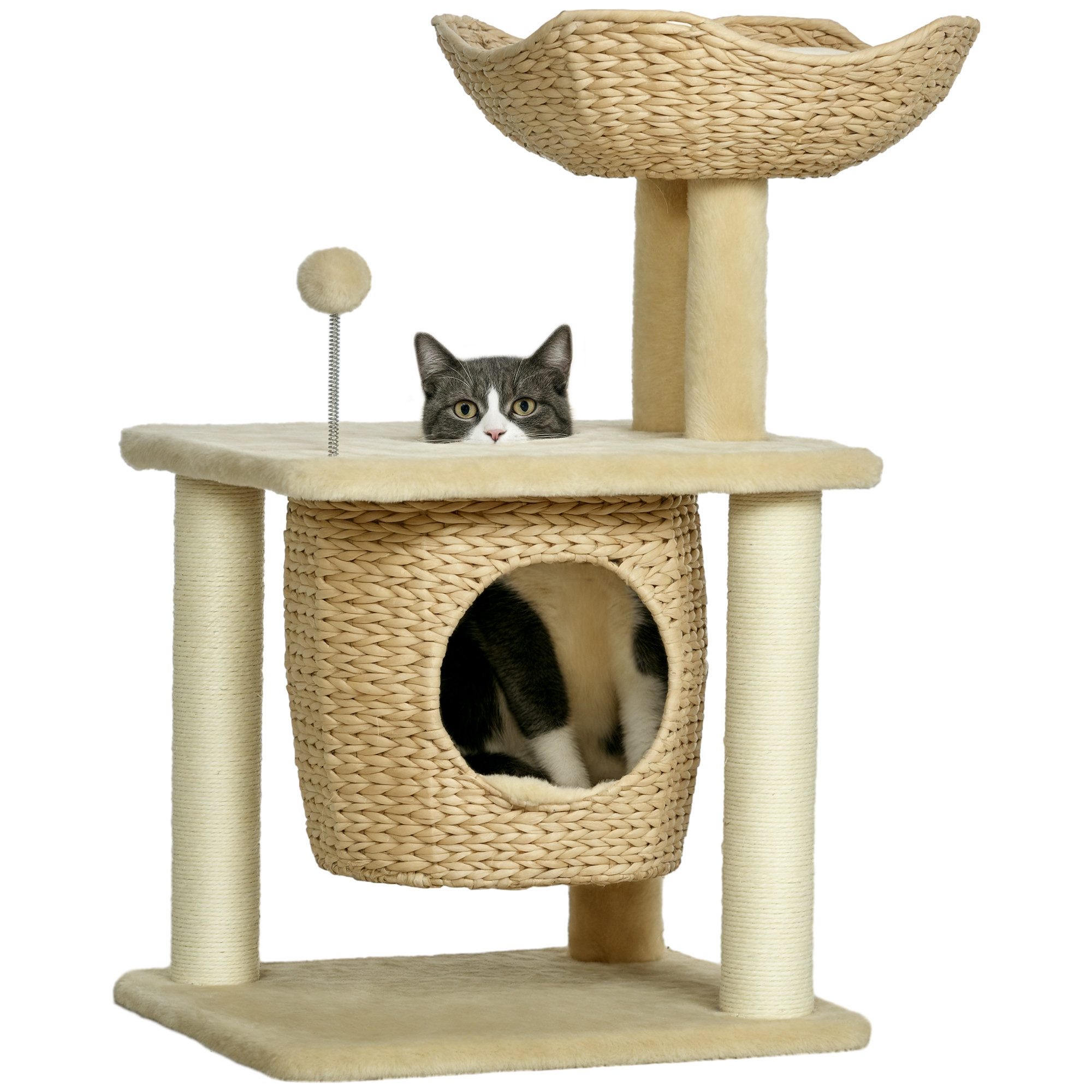 PawHut Kratzbaum Kratzmöbel mit Katzenhöhle, Spielball, Kletterturm mit Bett, für Wohnzimmer, Beige