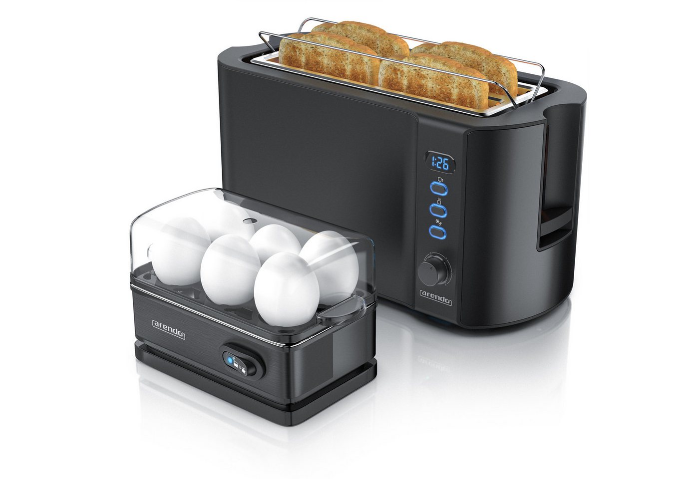 Arendo Frühstücks-Set 4-Scheiben Langschlitz Toaster, 6er Eierkocher, Schwarz (2-tlg), Edelstahl, BPA-frei, GS-geprüfte Sicherheit, fürs Familienfrühstück