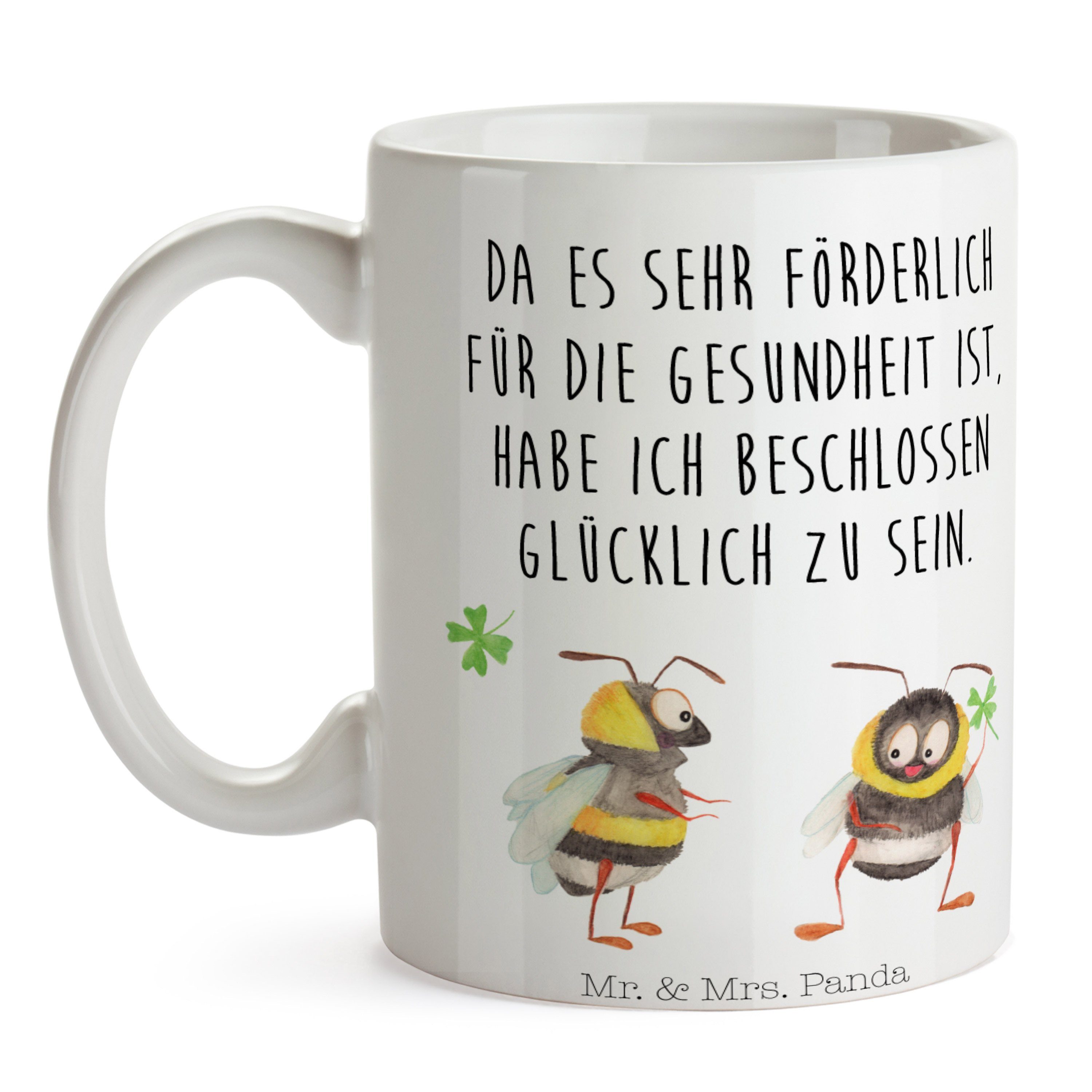 Weiß Tasse - Mrs. Panda mit Hummeln Keramik Ti, - Biene Geschenk, Tasse Deko, Kleeblatt Mr. Motive, &