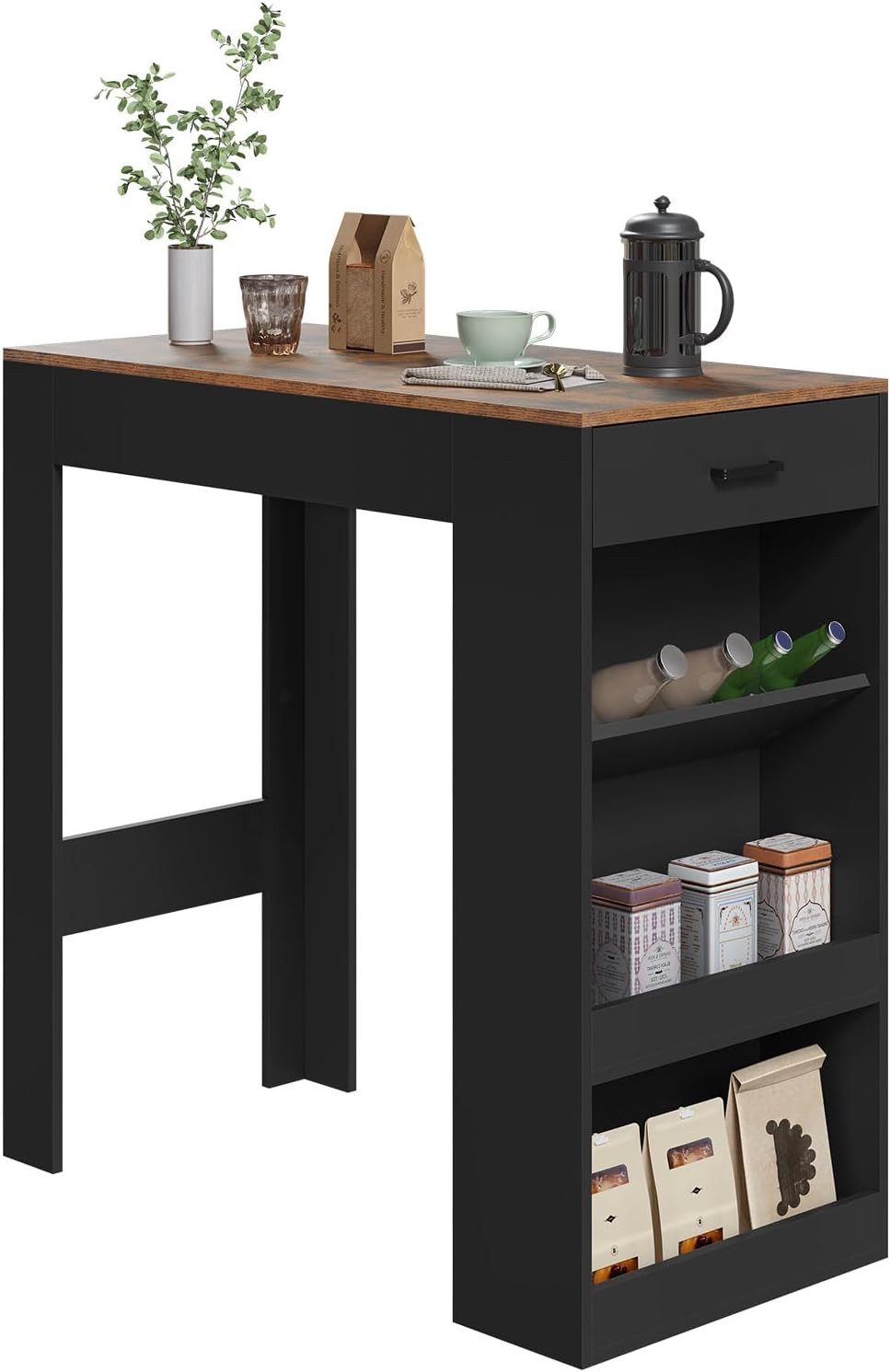 Woltu Bartisch, mit 1 Schublade & 3 Ablagen, Stehtisch mit Weinregal, Bistrotisch