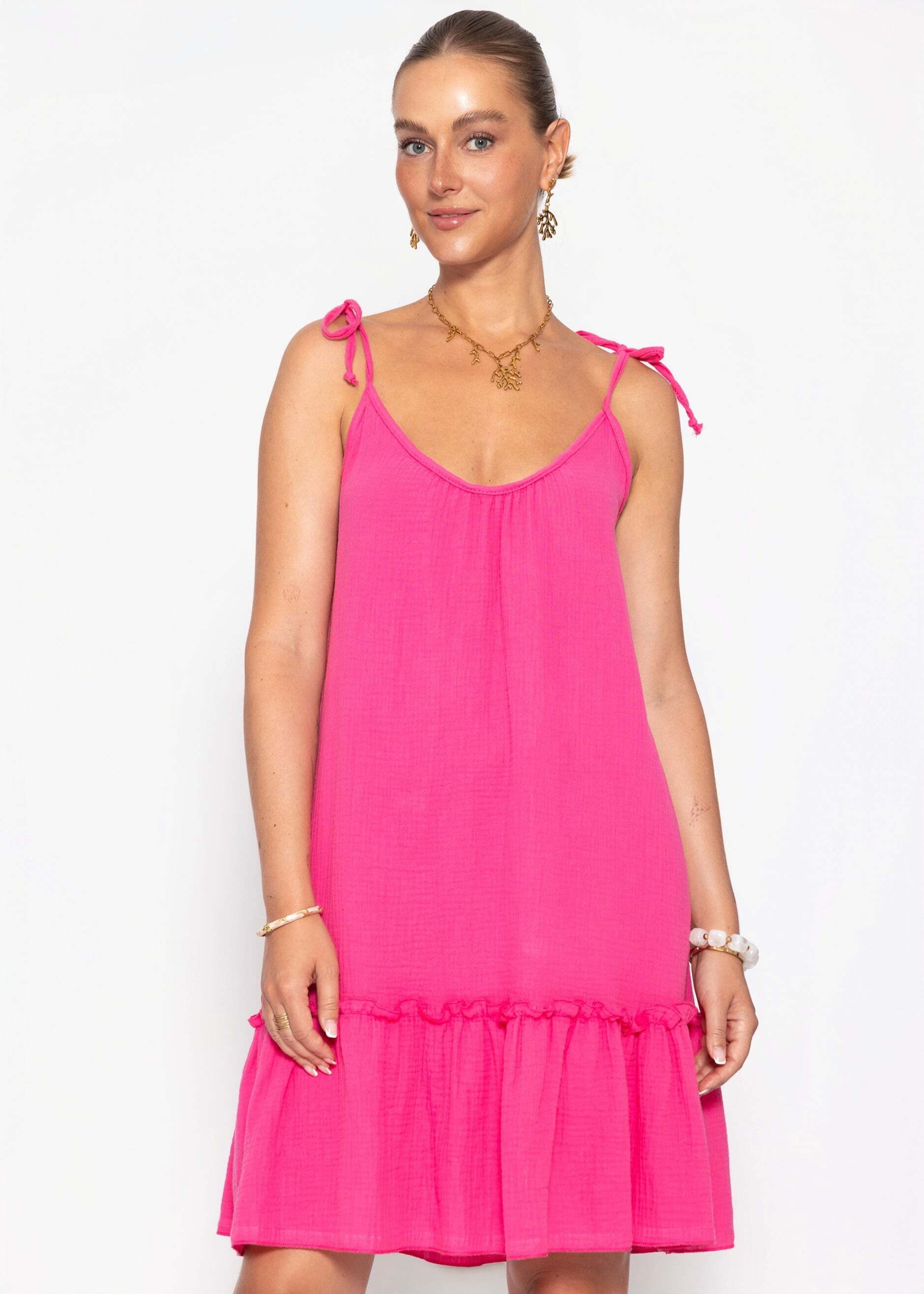 SASSYCLASSY Minikleid Kurzes Musselin Strandkleid für Damen Locker fallendes Minikleid mit verstellbaren Trägern und Volant