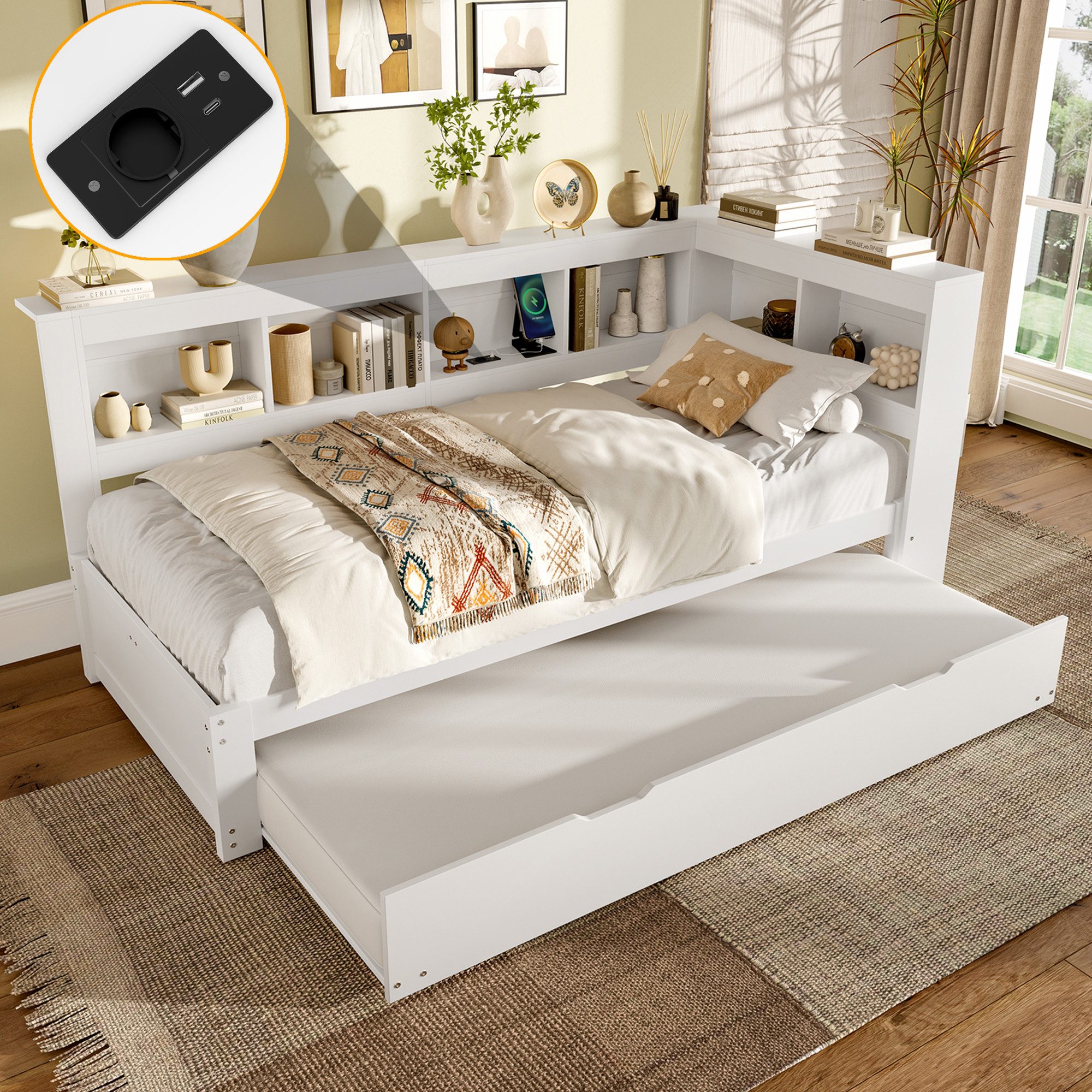 Merax Daybett mit Steckdose und 2 USB-Anschlüssen (Kiefer Sofabett Kinderbett Jugendbett, 1 tlg), Schlafsofa Tagesbett 90x200cm mit Ausziehbett 90x190cm & Staufächer