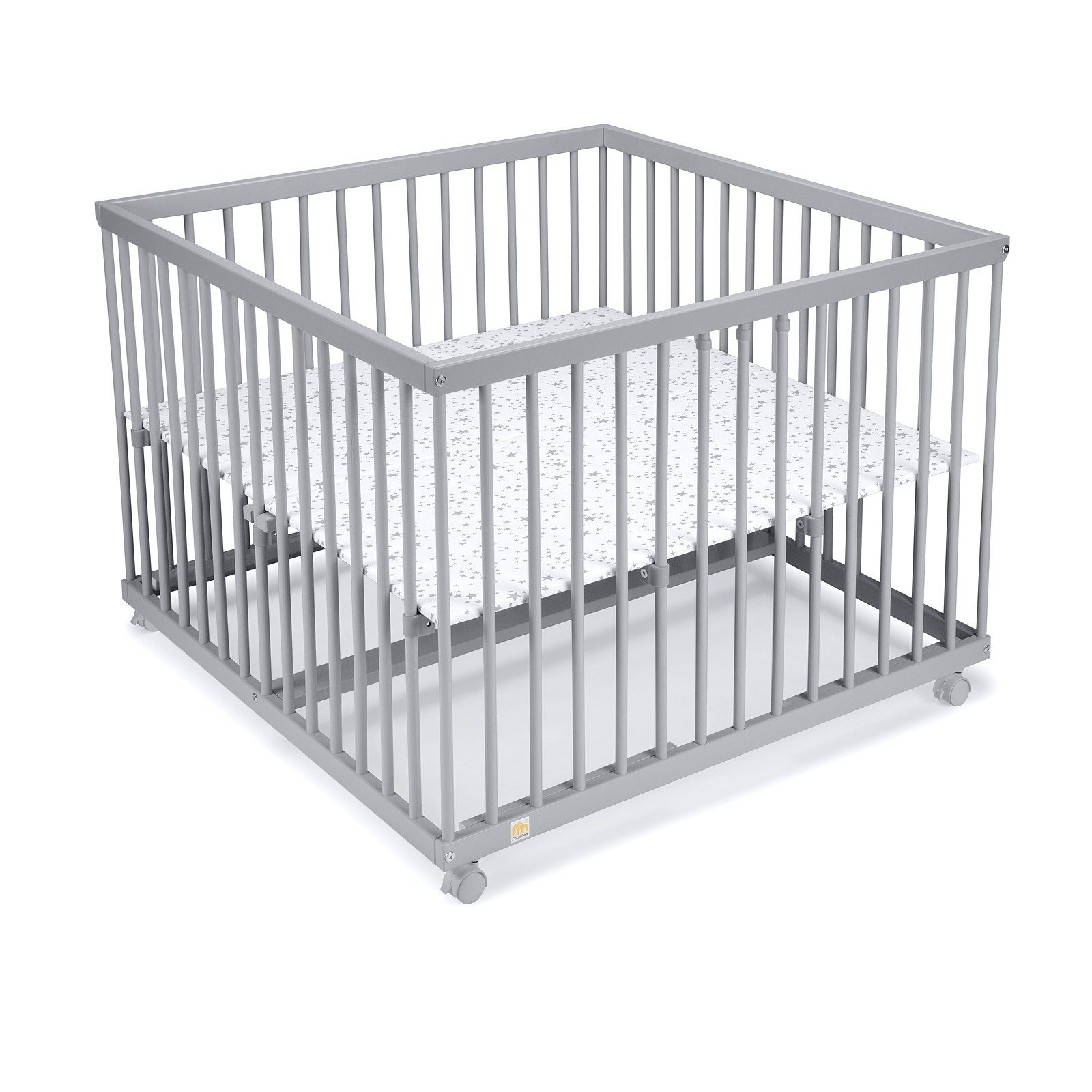 FabiMax Laufgitter 100x100cm, grau lackiert, mit Parkettrollen, 3 Schlupfsprossen, stufenlos Höhenverstellbar