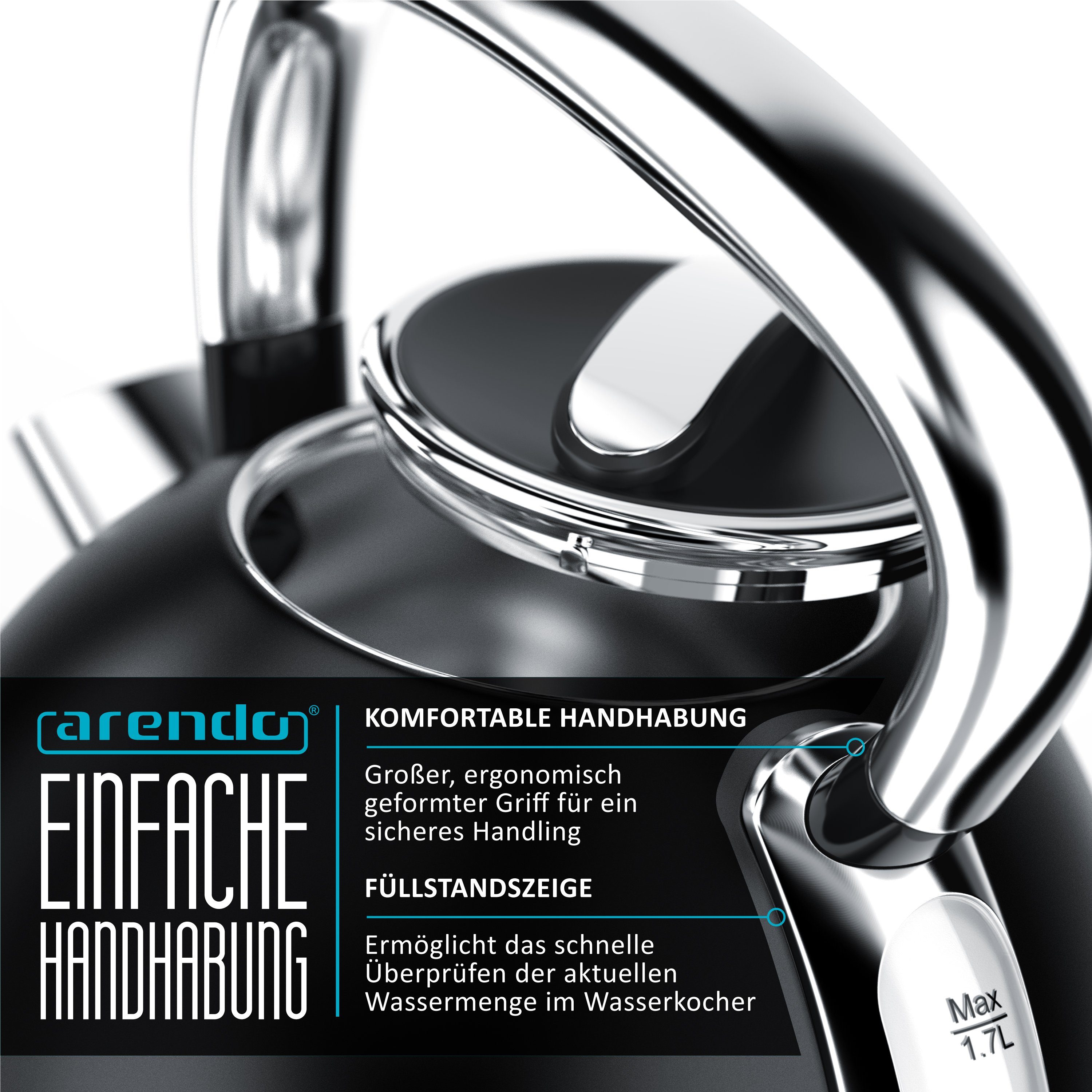 Arendo Frühstücks-Set Edelstahl Wasserkocher 1,7l, 2-Scheiben Langschlitz Toaster, schwarz (2-tlg), Frühstücksset, Wasserkocher Retro, 2200W, Toaster Brötchenau – Bild 4 von 5