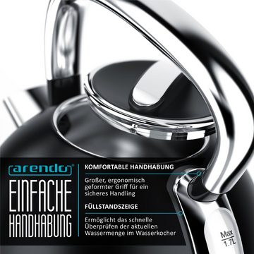 Arendo Wasserkocher, 1,7 l, 2200 W, Edelstahl Retrostyle Vintage, Überhitzung & Trockenkochschutz, schwarz