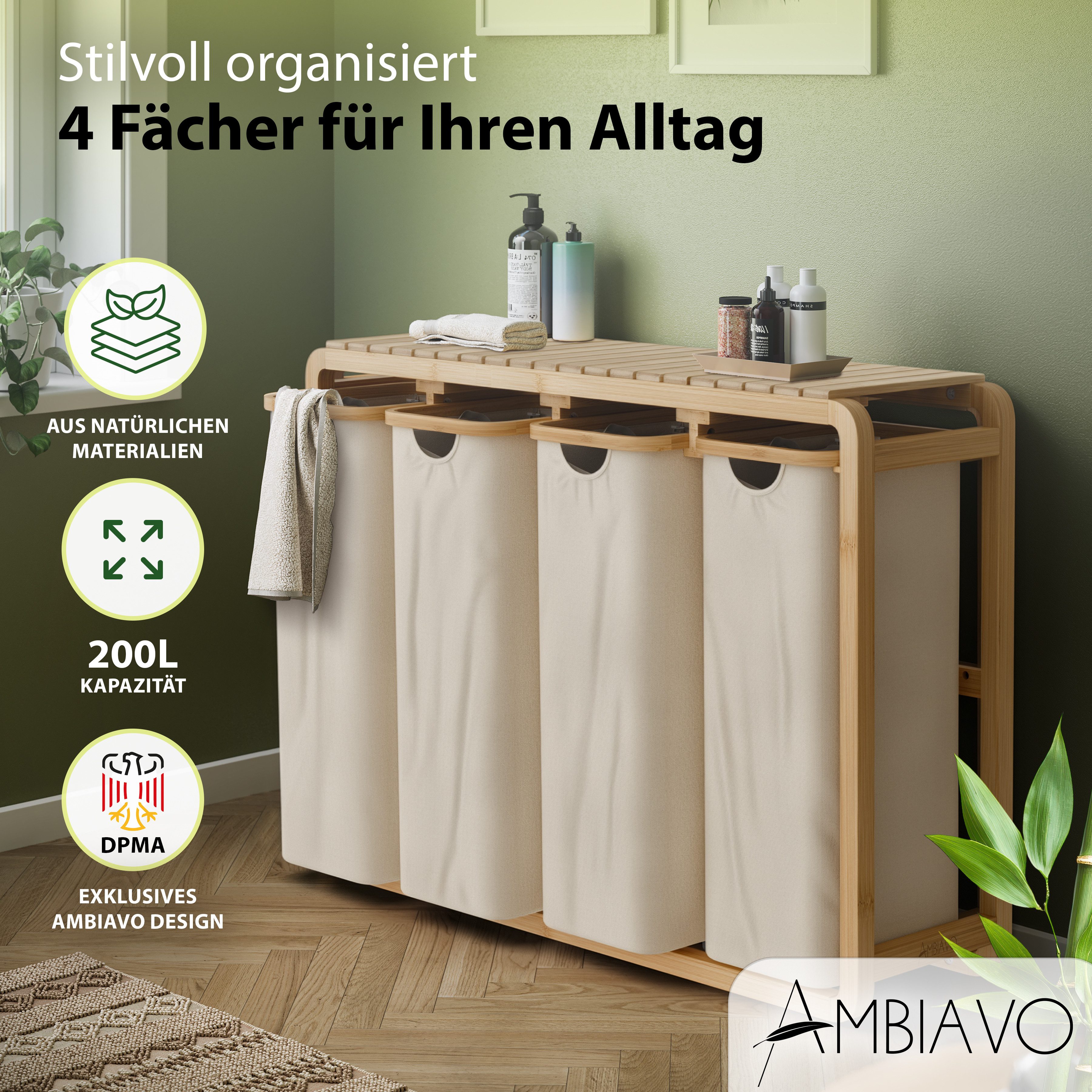AMBIAVO Wäschekorb 4 Fächer mit waschbaren Baumwollsäcken, 200 L Volumen, s günstig online kaufen