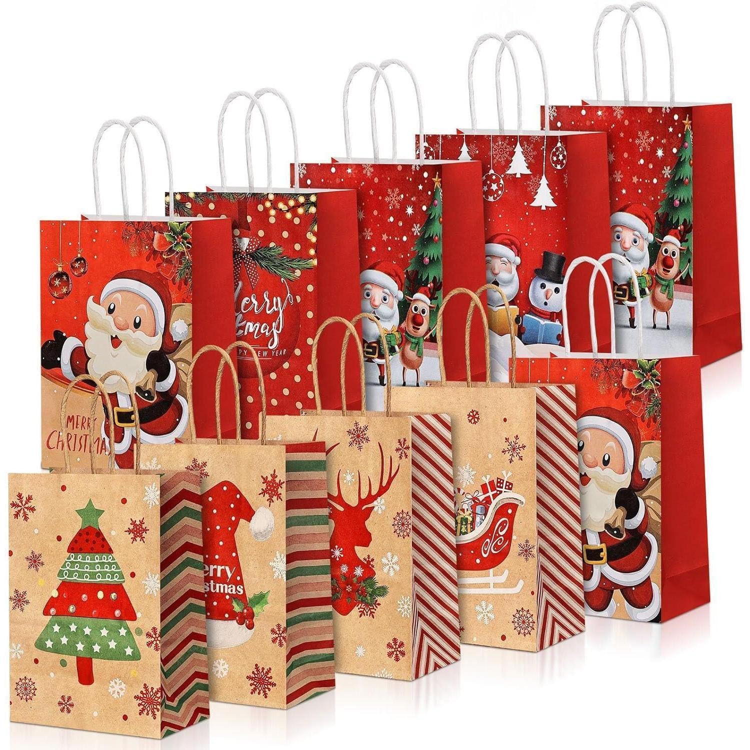 LuxusKollektion Geschenktüten Weihnachtstüten 10 Papiertüten Henkel Weihnachtsbaum Weihnachten Rot, (10St)