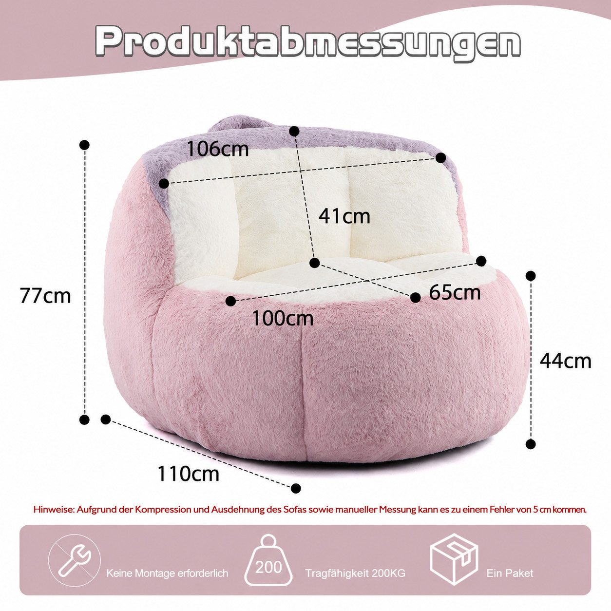 Vankel Relaxliege Sofas Wohnzimmer Bean Bag Sessel aus weichem Kunstfell, Mit Schaumstoffflocken, Tragegriff und rutschfester Unterseite