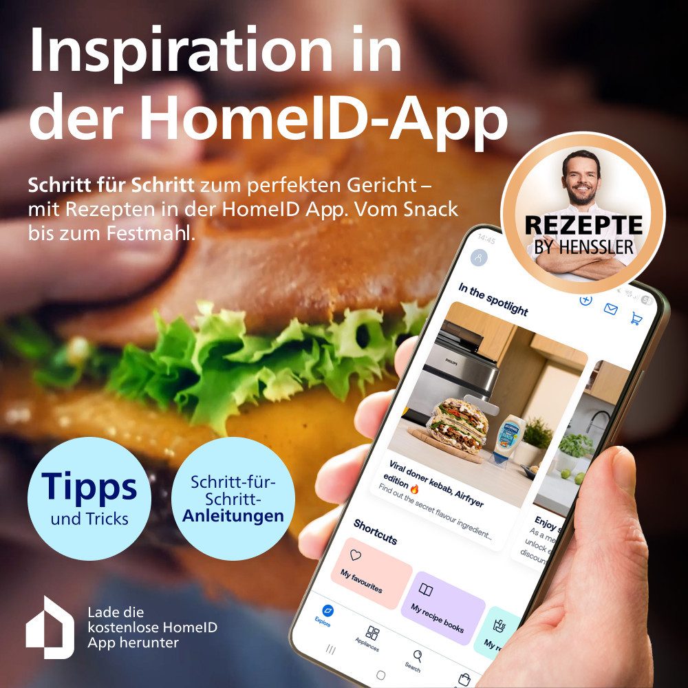 Philips Heißluftfritteuse NA565/02 Steam Airfryer 5000 Series Megabasket, 9,5L Kapazität, 2750 W, mit Dampfgarfunktion u. RapidAir Plus Technologie; inkl. Servierzange