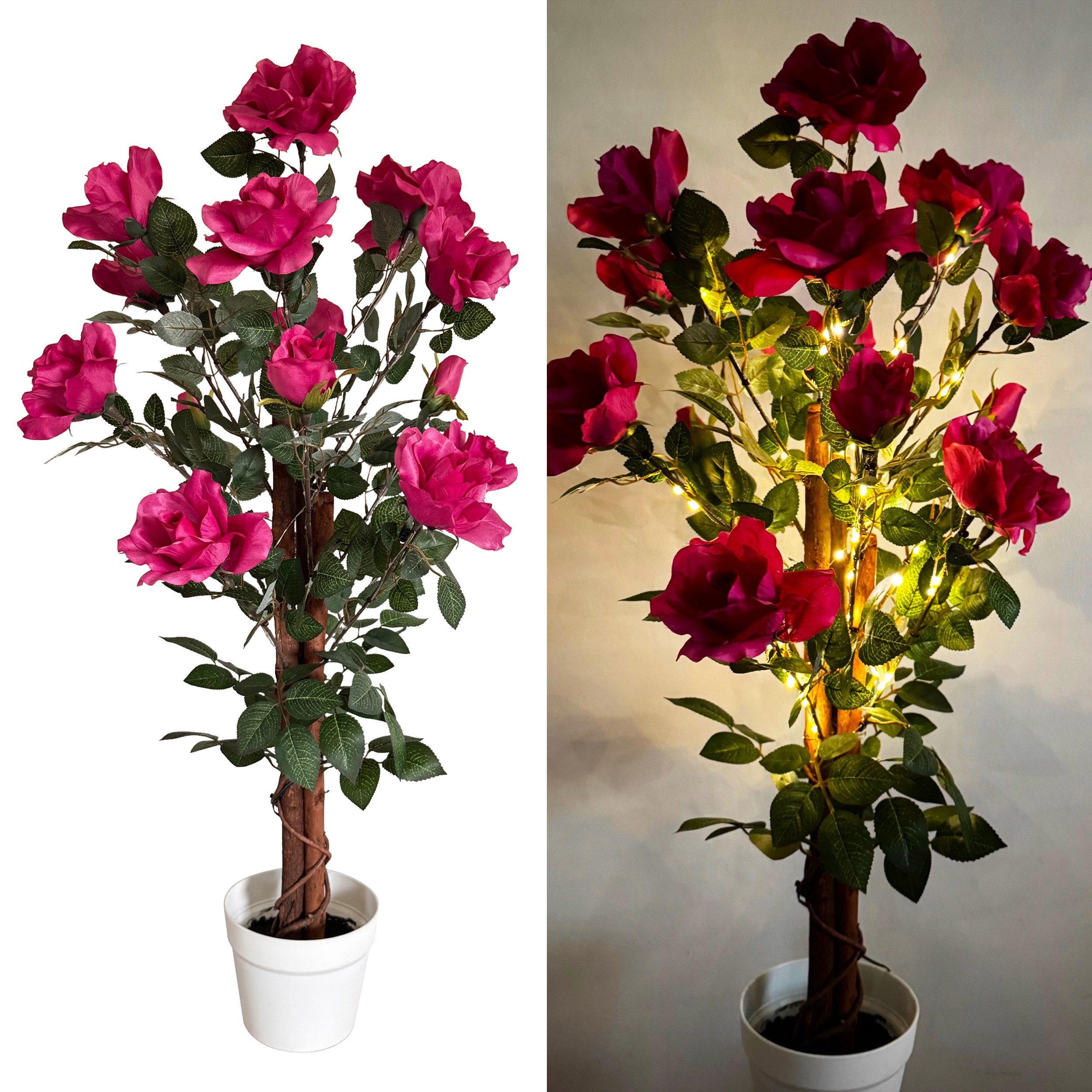 Kunstblume Rosenbaum mit LED-Lichterkette - Künstliche Blumen, Pflanzen im Topf