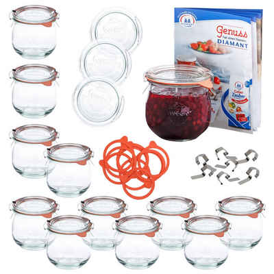 MamboCat Einmachglas 12er Set Weck Gläser 370ml Tulpenglas mit 12 Glasdeckeln, 12 Einkochringen und 24 Klammern inkl Rezeptheft
