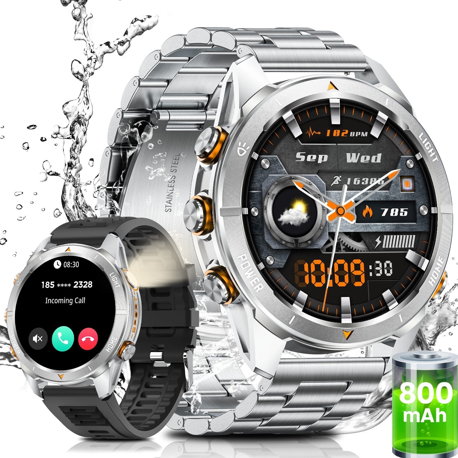 BANLVS 2025 Smartwatch für Herren mit 1,46" AMOLED-Display 800mAh großer Akku Smartwatch (4.7 cm/1,46 Zoll, HD Voll Touchscreen) Geschenke für Männer, IP68 Wasserdicht Fitnessuhr, 800mAh groBer Akku Sportuhr, Herzfrequenz-/Blutdruck-/SpO2-/Schlafüberwachung für Android und iOS
