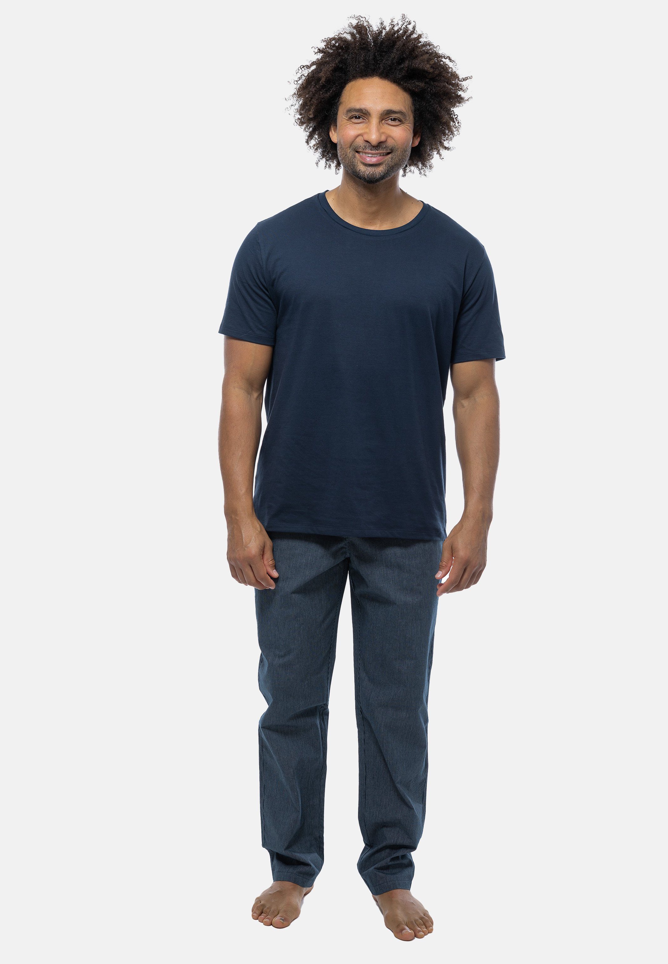 Schiesser Pyjama Mix (Set, 2 tlg) Schlafanzug - Baumwolle - Kurzarm-Shirt mit Rundhals-Ausschnitt Blau gemustert