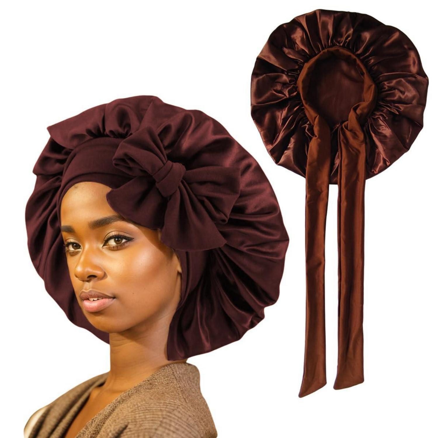 LuxusKollektion Duschhaube Schlafhaube Damen Satin Seide Bonnet Elastisch Verstellbar Kaffee