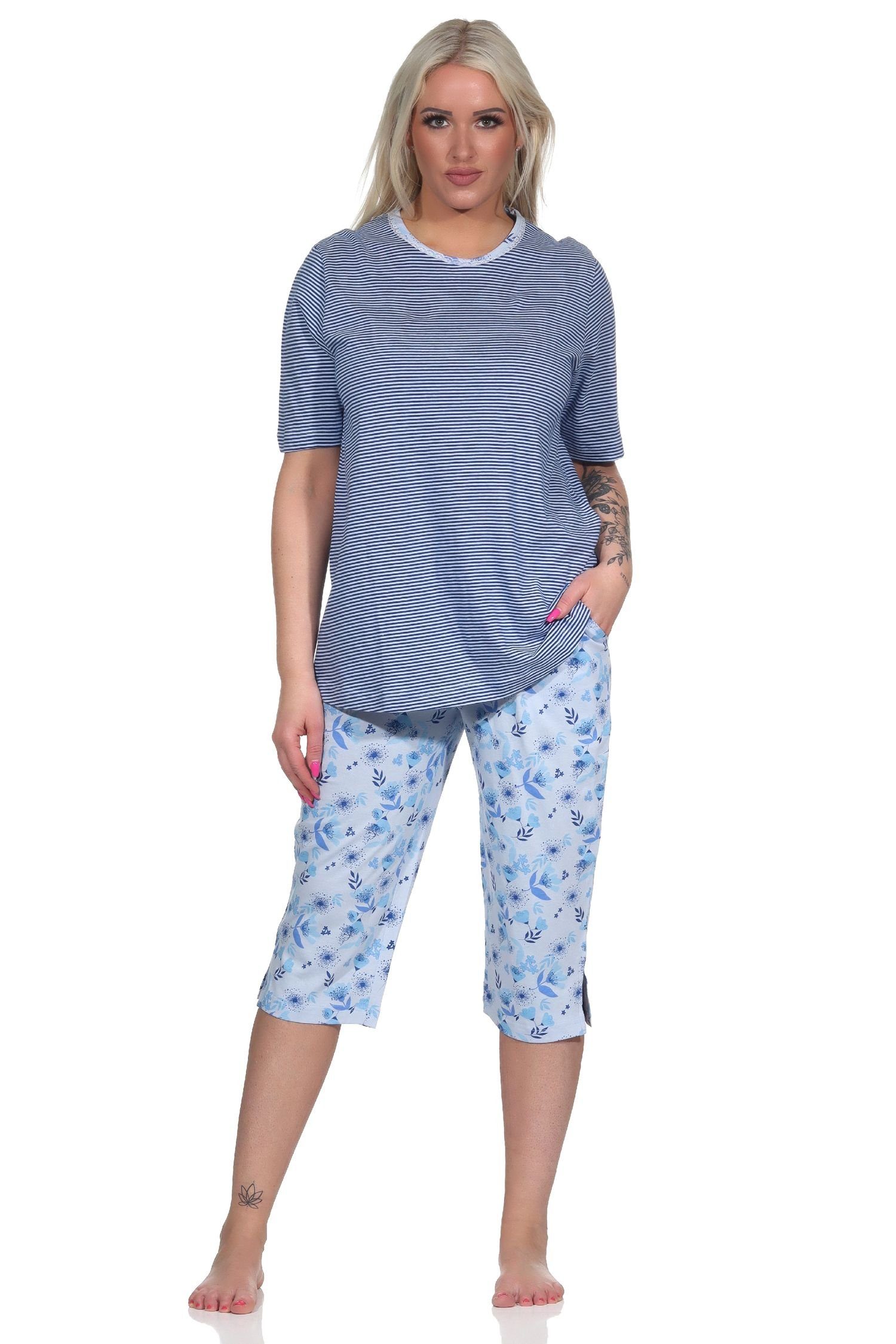 Normann Pyjama Damen Schlafanzug kurzarm mit Capri-Hose und Spitze