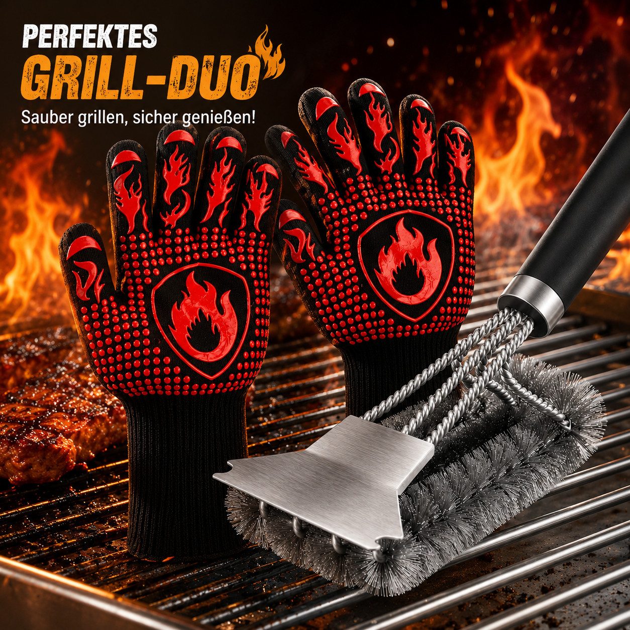 Forrlite Grillbürste Premium Edelstahl 3-in-1 Grillbürste 42 cm, Schaber & dichte Borsten, (Premium Edelstahl 3-in-1 Grillbürste mit Schaber, PP-Isoliergriff, 42 cm lange Reinigungsbürste, dicht gebundene Borsten für Gasgrill, Holzkohlegrill und Grillrost)