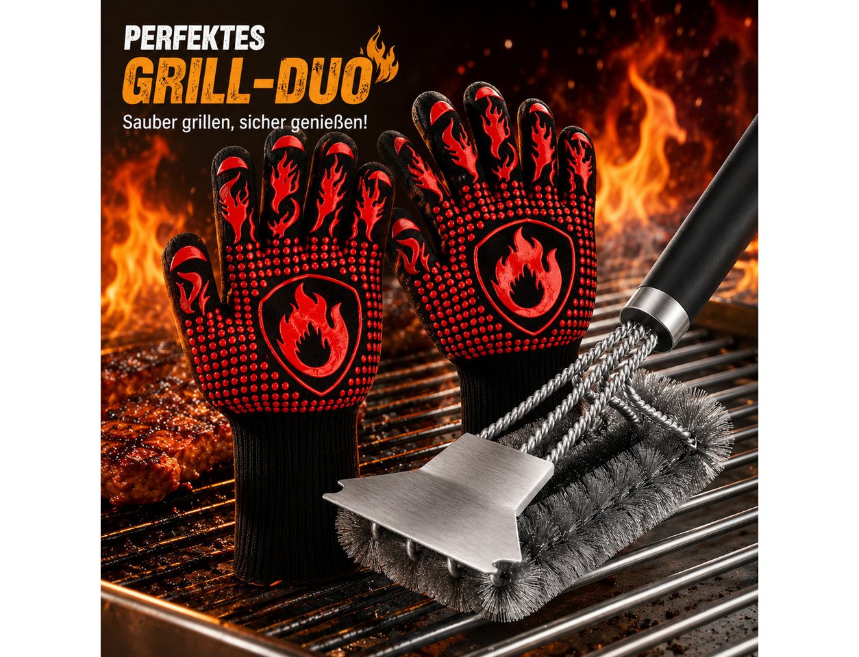 Forrlite Grillhandschuhe Hitzebeständige Handschuhe zum Grillen, Kochen und Backen, (Hitzebeständige Grill- & Ofenhandschuhe für Küche, Backen, BBQ – Schutz vor Verbrennungen und heiße Töpfe sicher greifen)
