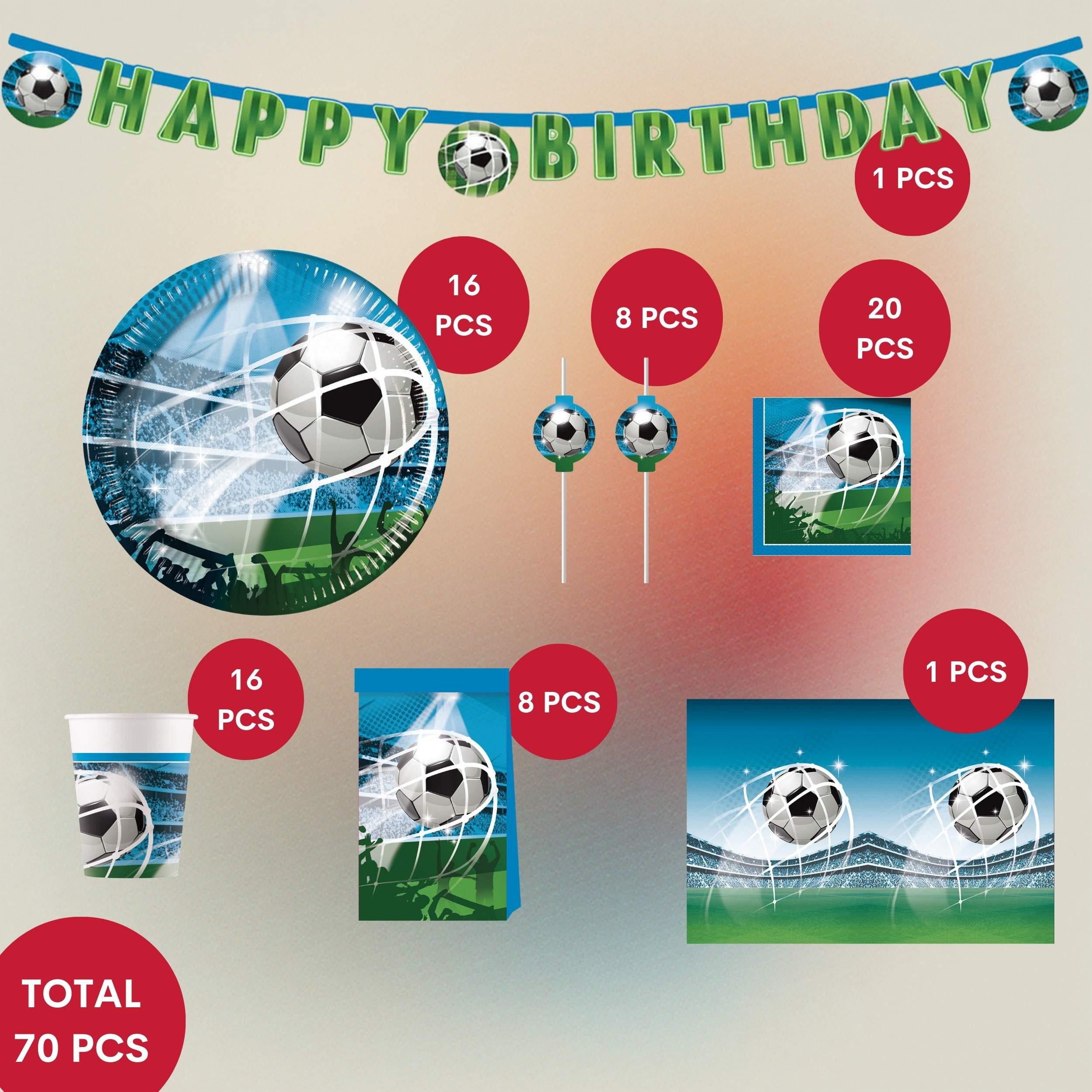 Procos Einweggeschirr-Set 70-tlg. Fußball Fan Party Set für Kindergeburtstag, 16 Personen