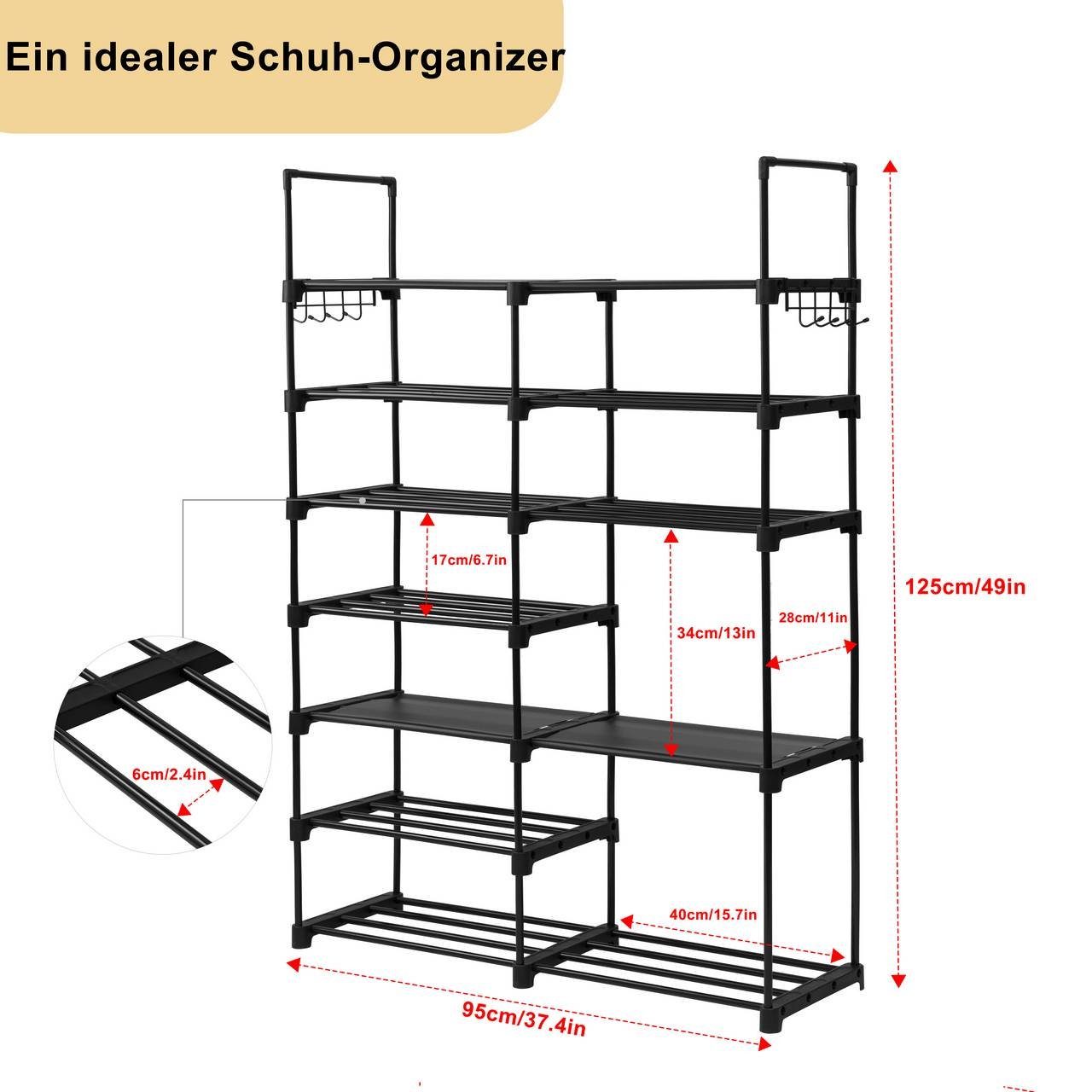 EUGAD Schuhregal, 1-tlg., aus Metall, mit 7 Ebenen, 10 Haken, schwarz