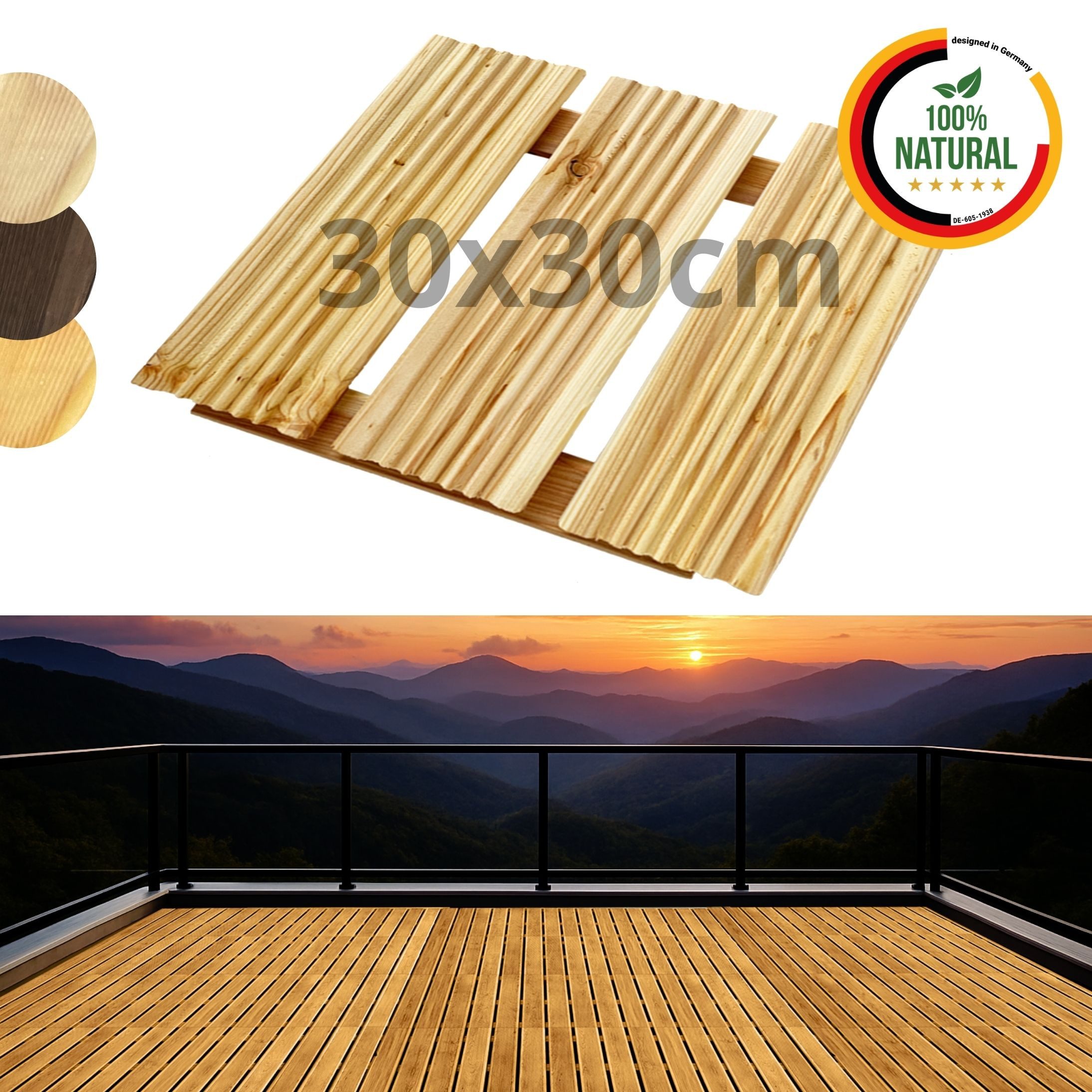 Floranica Trittsteine Holzfliese Terrassenfliese Massives Lärchenholz Balkonfliesen, 30x30 cm, Natur, 1-St., Fein Geriffelt Bodenbelag mit Drainage Balkon-Bodenbelag für Outdoor