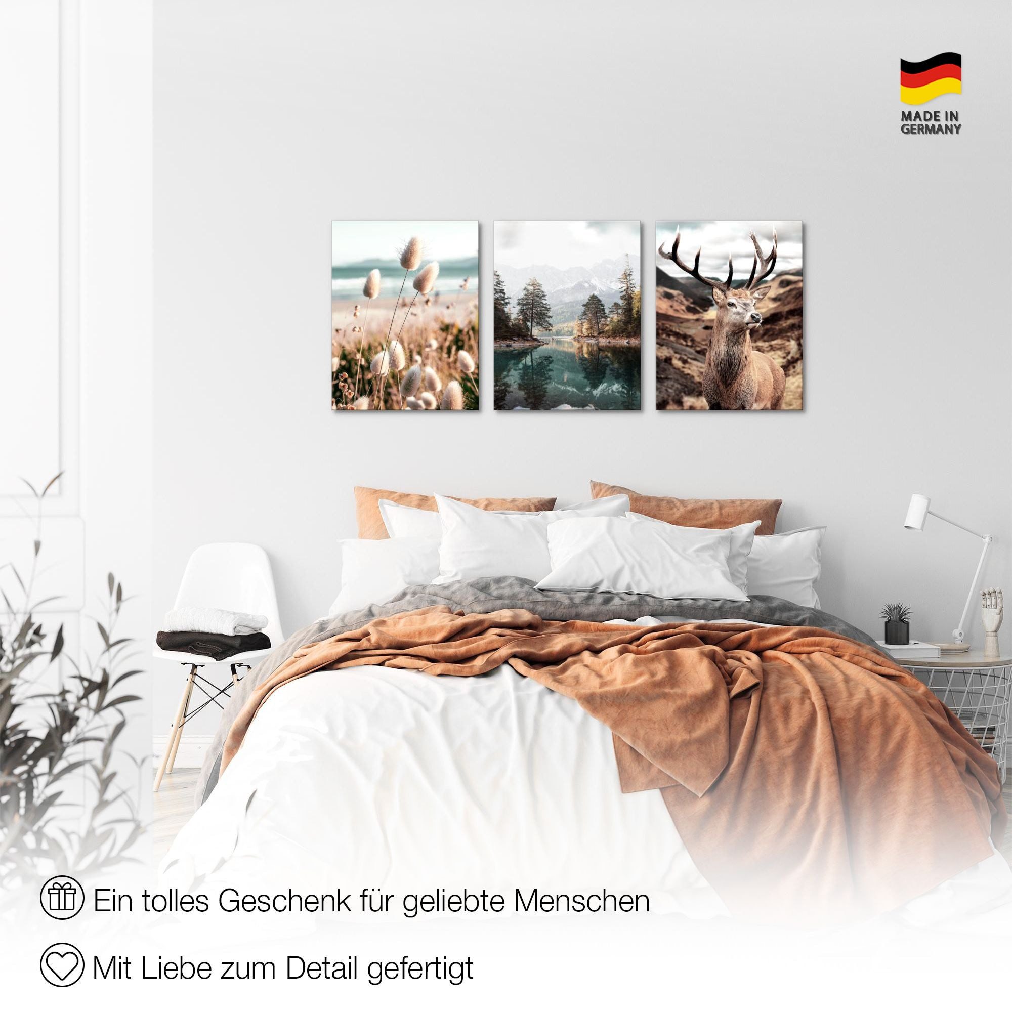 Novart Wandbild Wald Natur Bilder Set 3 Teilig Wohnzimmer Schlafzimmer Deko, Berge Hirsch – Bild 4 von 5