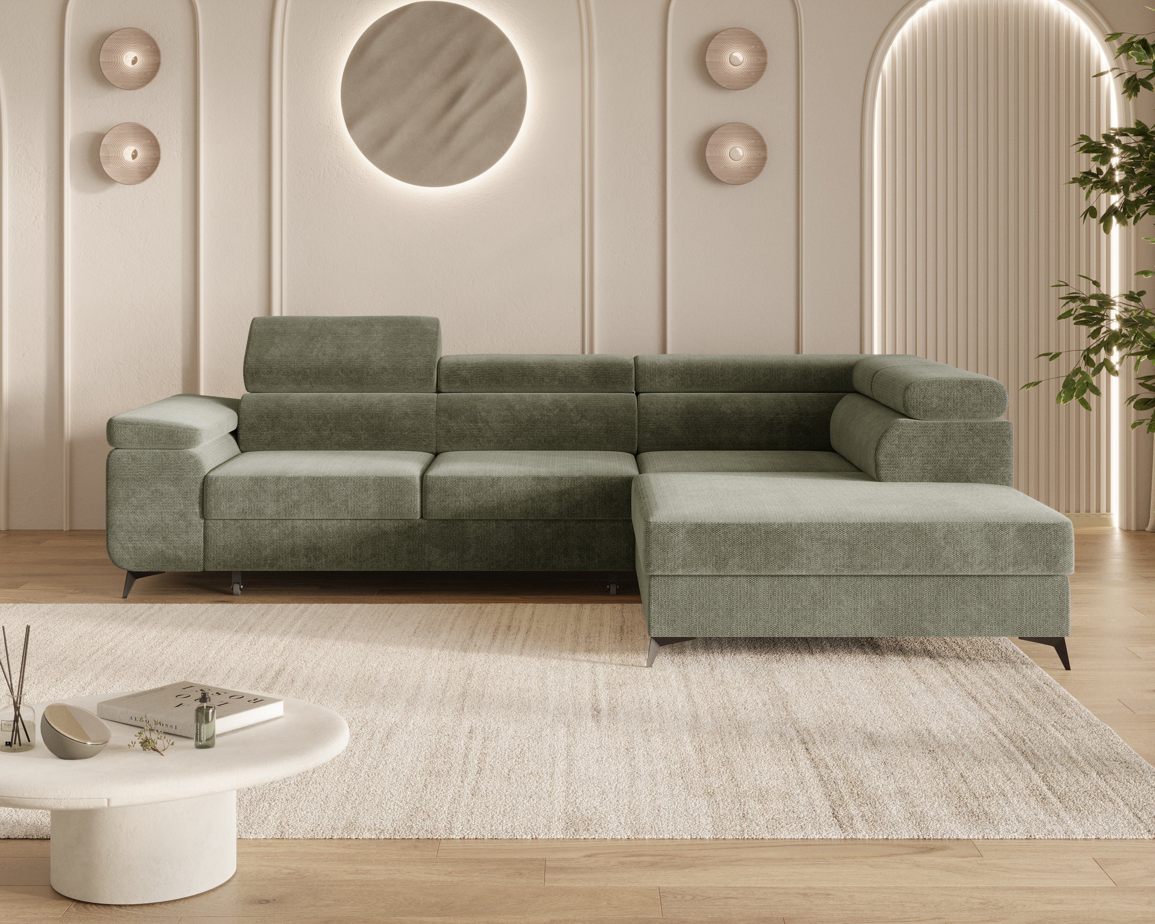 MOEBLO Ecksofa OSTIN, 290 cm – Modernes L-Sofa mit Schlaffunktion, Bettkasten und verstellbaren Kopfstützen, Cord oder Strukturstoff, - (BxHxT): 290 x 75–90 x 202 cm