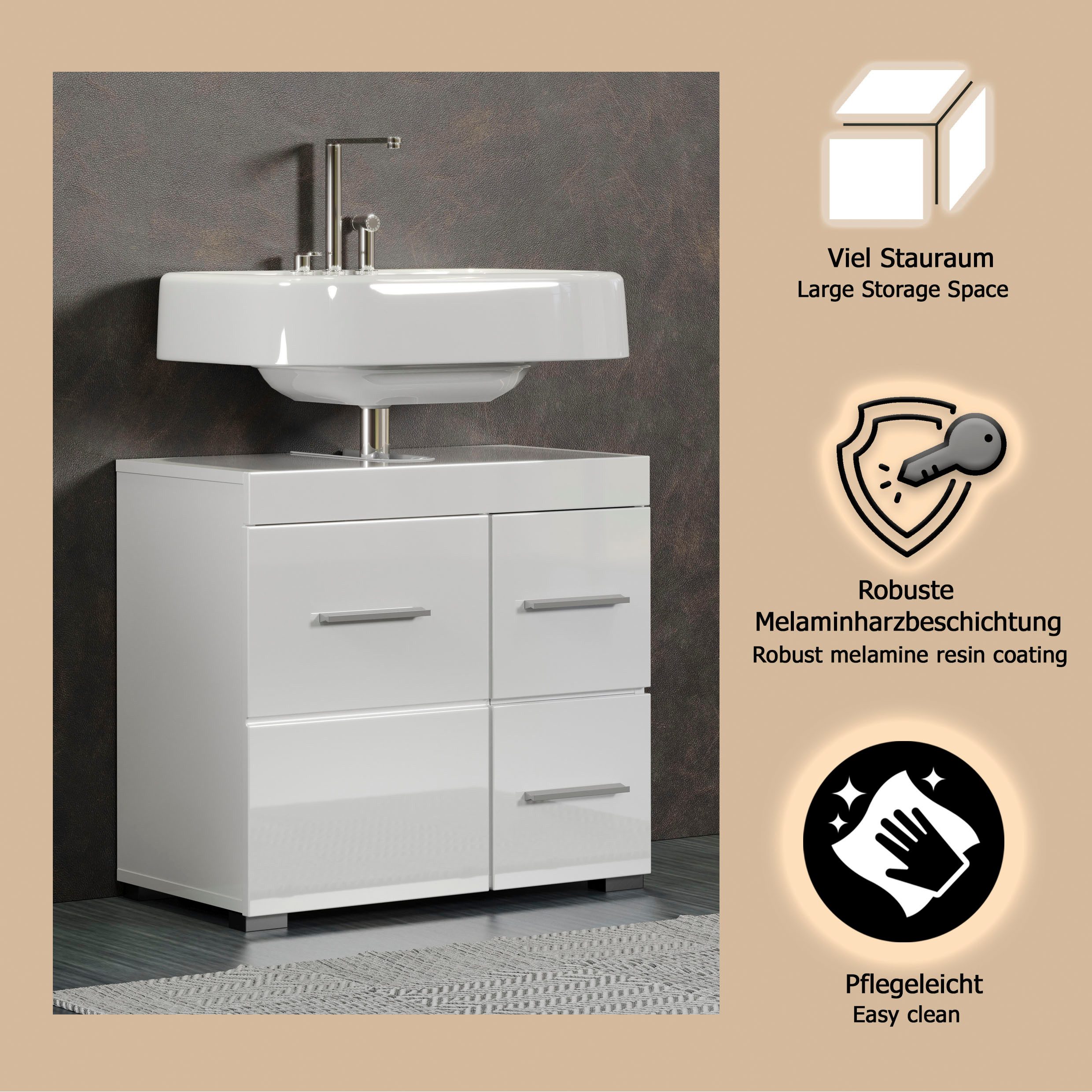 welltime Waschbeckenunterschrank Avena (1-St) Badezimmerschrank mit Tür & Schubkästen – (B/T/H) 60/34/56 cm – Bild 4 von 5