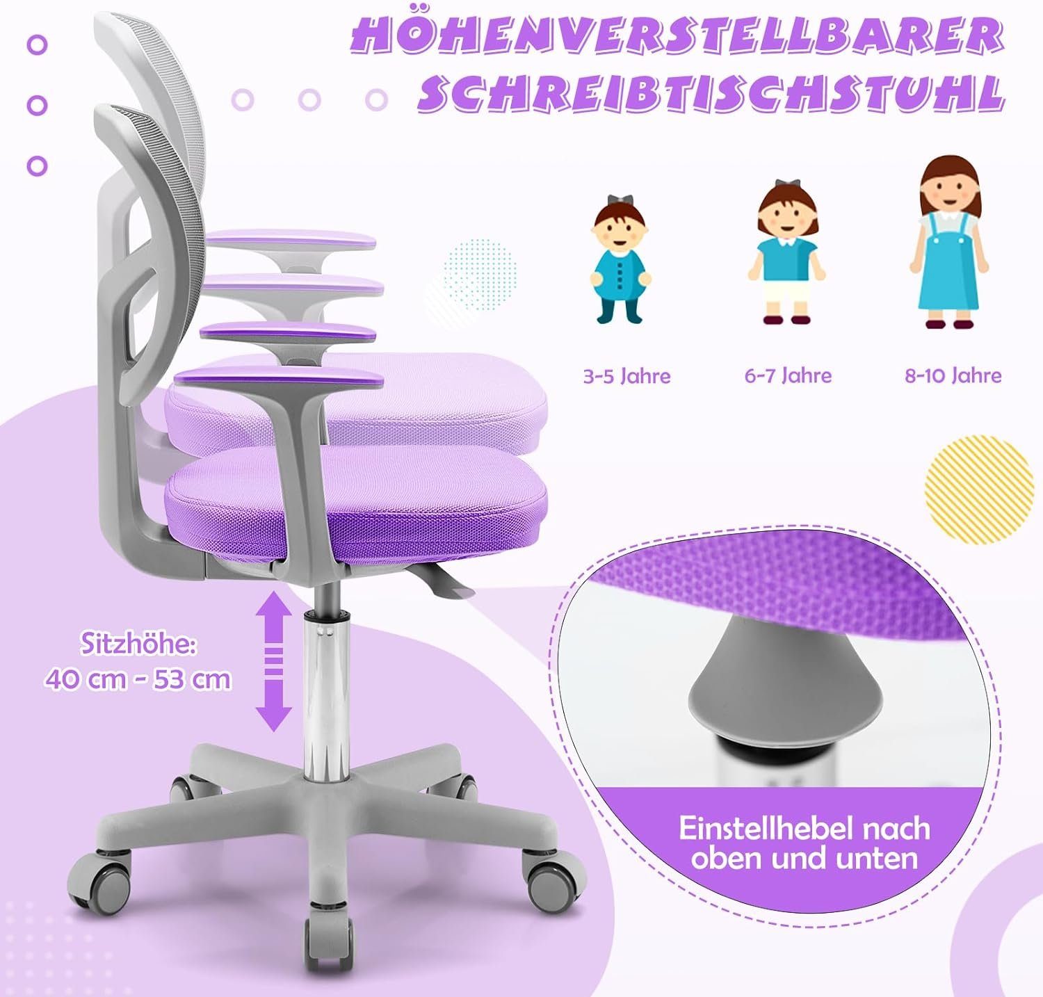 KOMFOTTEU Schreibtischstuhl Kinder, 150kg höhenverstellbar, bis Violet