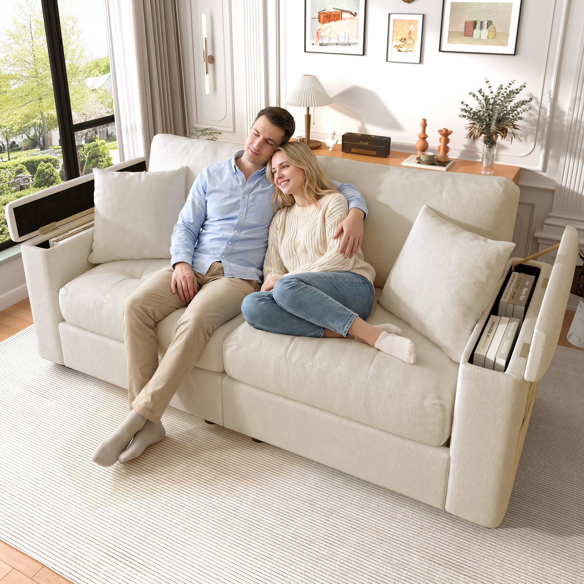 Merax 2-Sitzer mit Armlehnen-Stauraum und Seitentaschen, modernes Sofa aus Chenille, 180×81,5×84cm 1 Teile, Couch mit hochdichter Schaumstoff, 2 Kissen & Massivholzrahmen