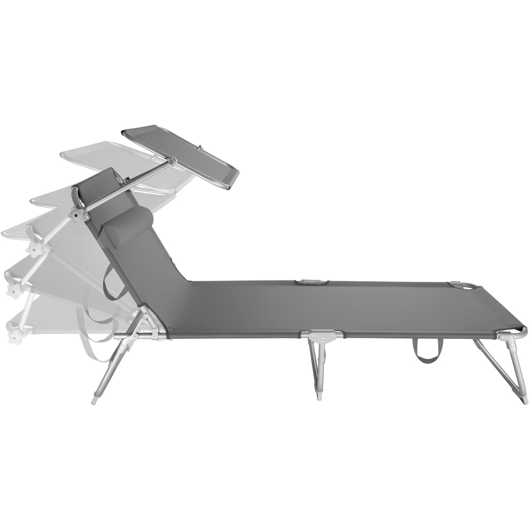 tectake Gartenliege Sonnenliege, verstellbare Rückenlehne mit Kopfpolster, 190x68x111cm, Liegestuhl Chloé, 1 St., in Grau, klappbar, verstellbares Sonnendach, widerstandsfähig und UV-beständig