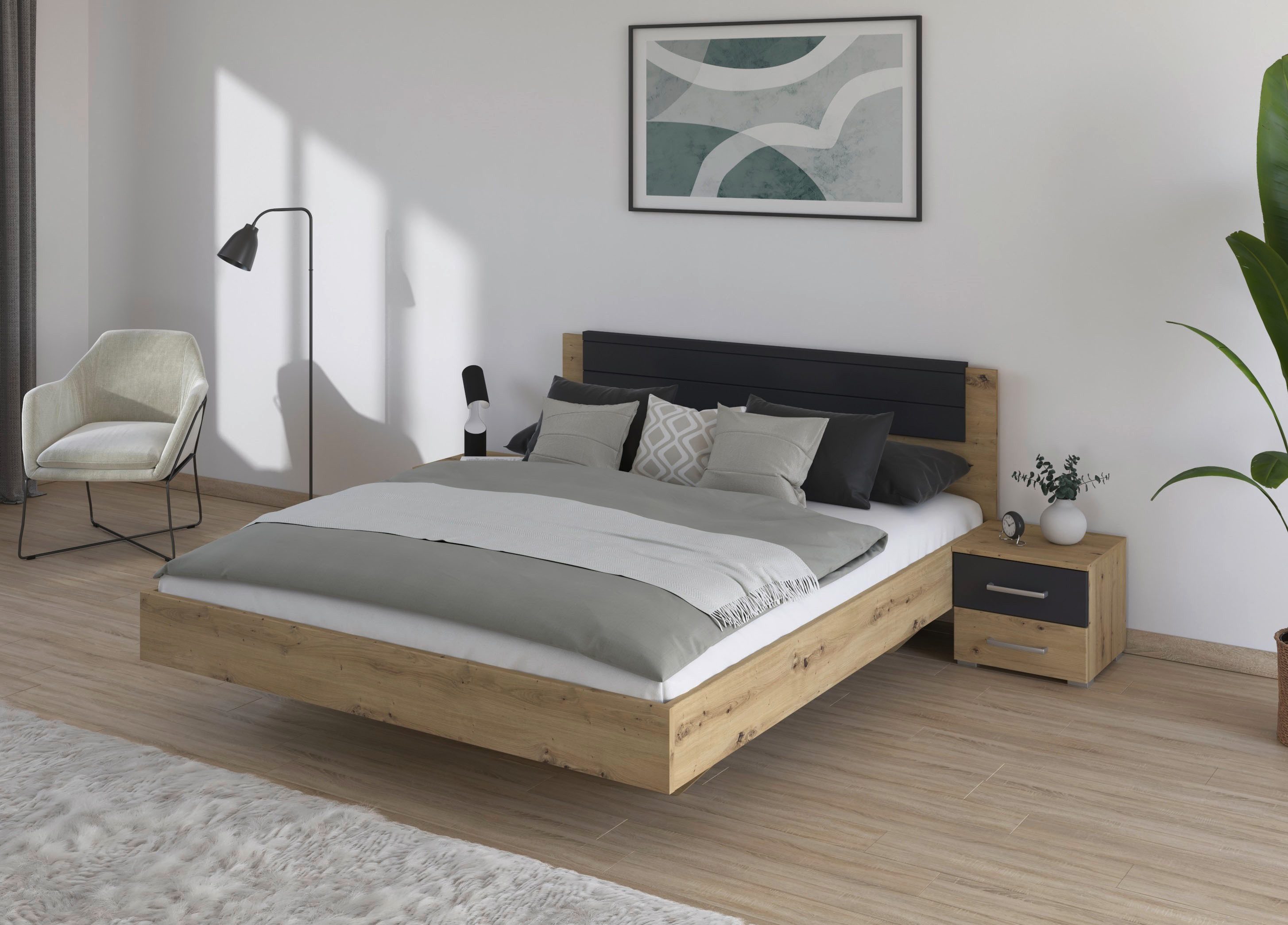 rauch Bettanlage Doppelbett Futonbett BARCELONA in schwebender Optik, (Set, 3-tlg), und Farbabsetzungen mit 2 Nachttischen MADE IN GERMANY