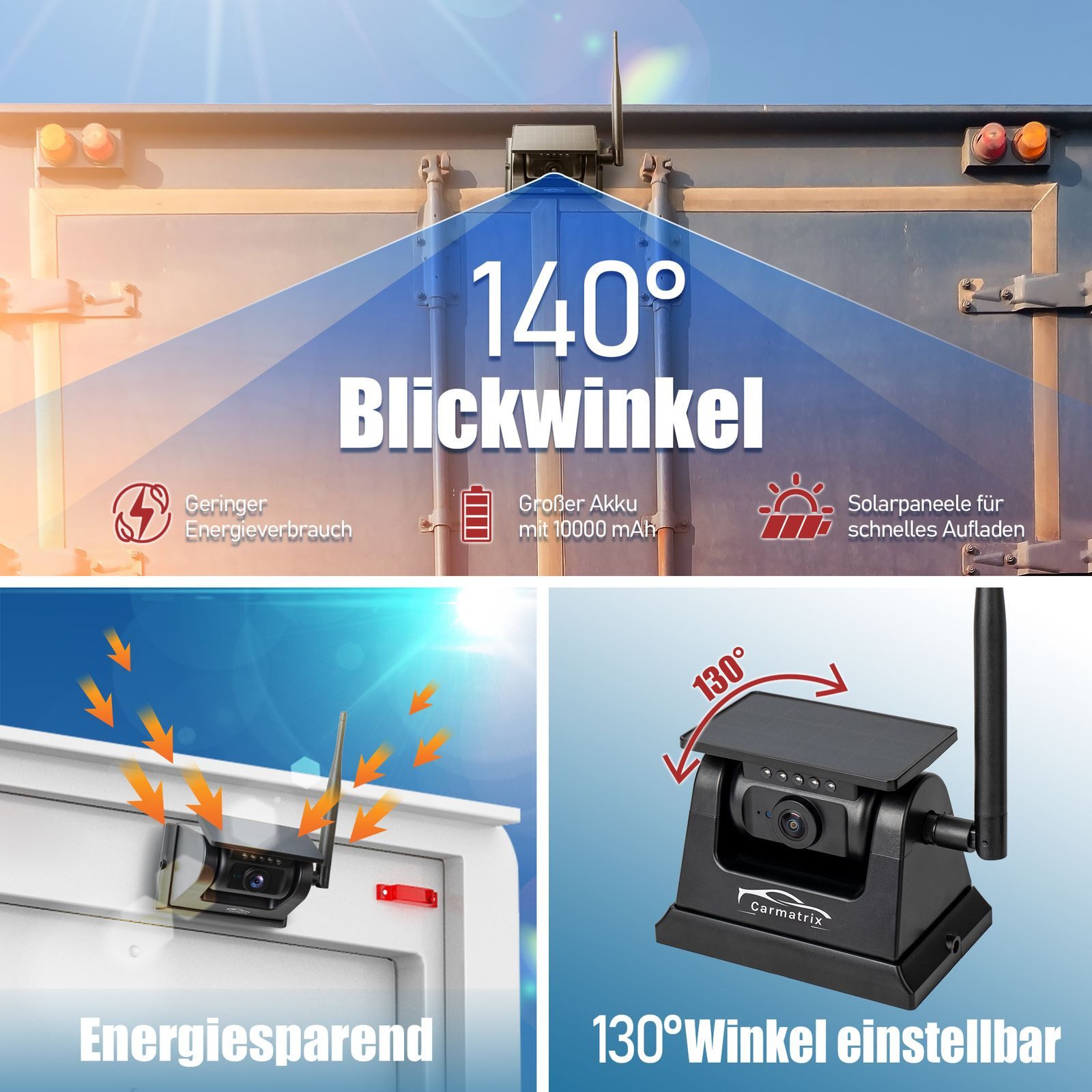 CARMATRIX Premium Solar 7 DUO Rückfahrkamera (Solar Funk Rückfahrsystem für Wohnmobil Anhänger Magnet Rückfahrkamera, Solarpanel Akku Digital kabellos ohne Bohren für Transporter LKW)