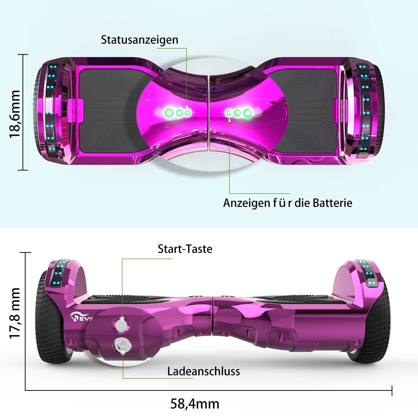 EVERCROSS TECH Balance Scooter 6.5” Hoverboard mit Sitz, Leuchtende Reifen, Bluetooth-Musik, LED-Lichter, bis zu 10-15 km, Geschenke für Kinder
