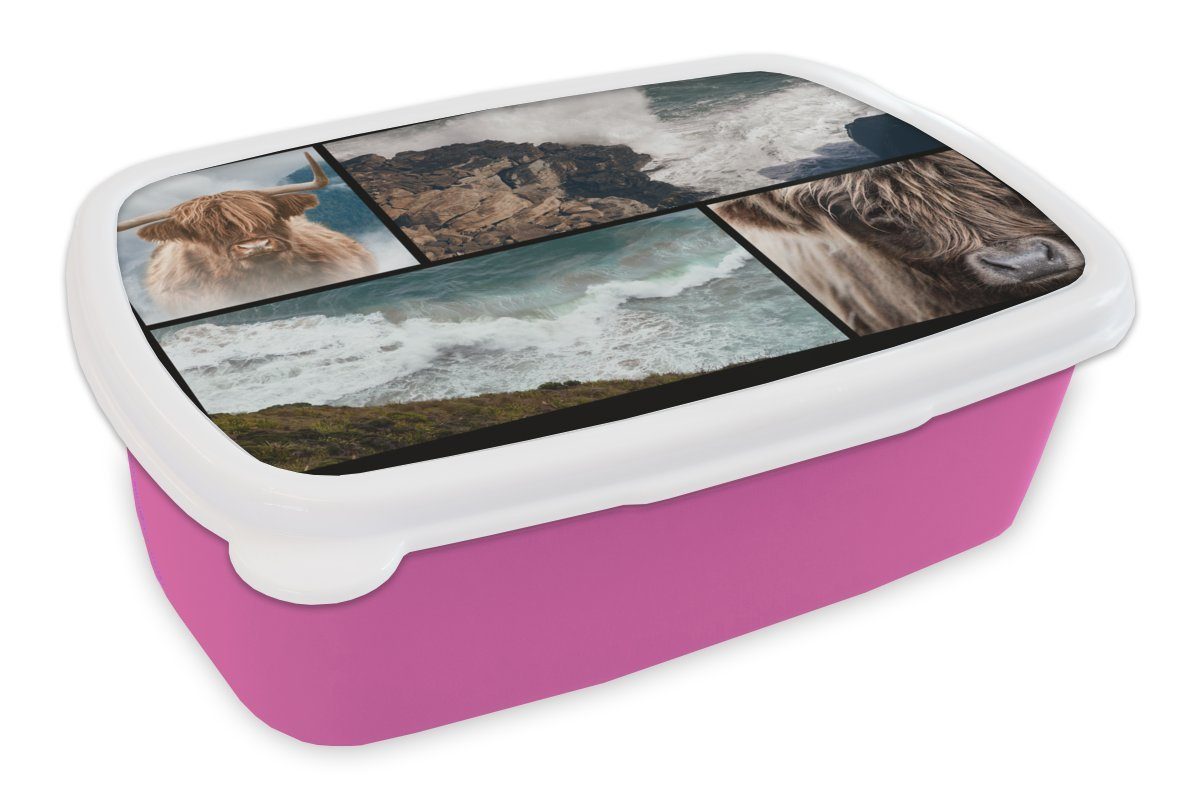 MuchoWow Lunchbox Schottischer Highlander - Collage - Steine - Meer, Kunststoff, (2-tlg), Brotbox für Erwachsene, Brotdose Kinder, Snackbox, Mädchen, Kunststoff rosa