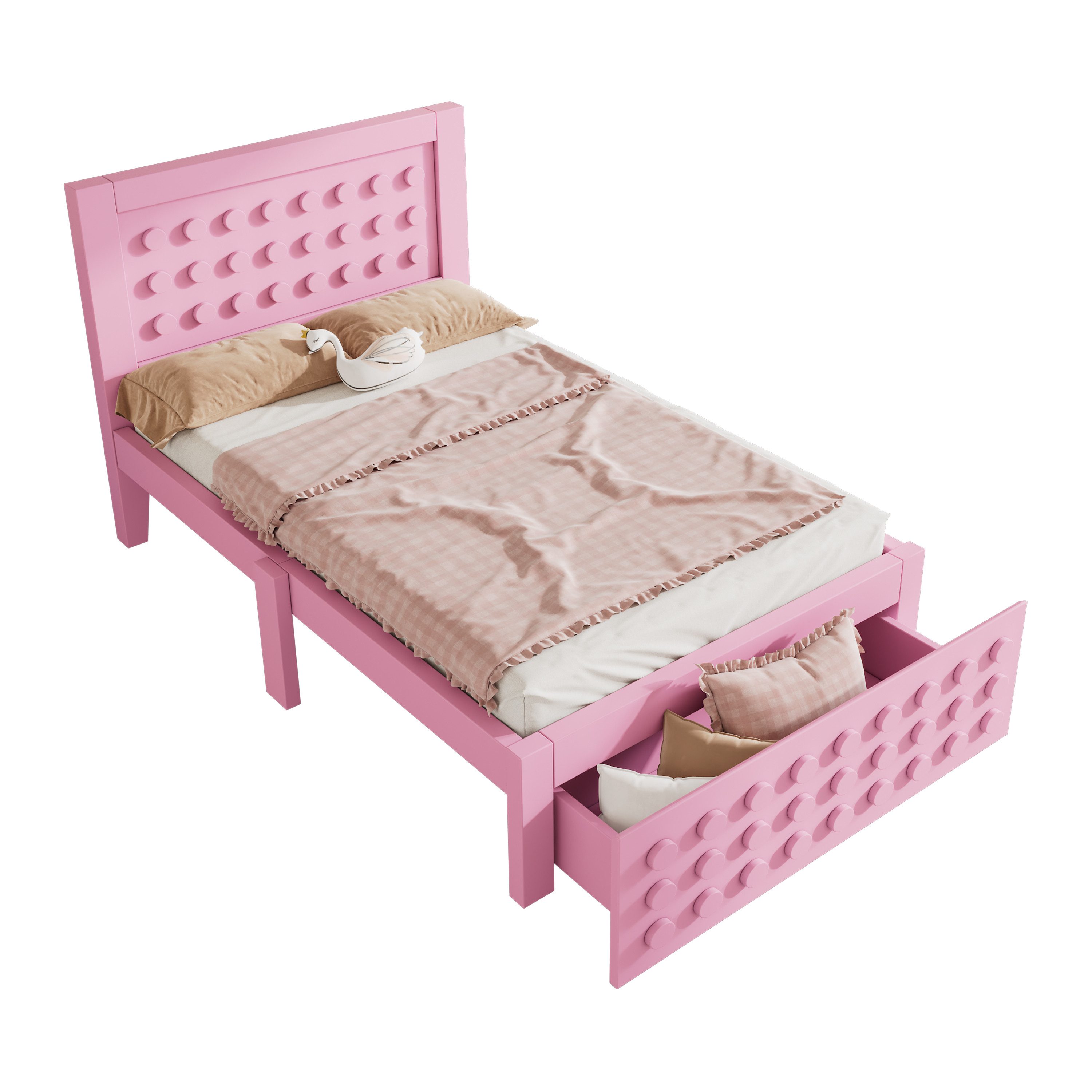 OKWISH Hochbett mit Kreativem Block Design (Kinderbett, Jugendbett, Einzelbett, Stauraumbett, 2-St., 90x200 cm, mit Matratze) mit Lattenrost, mit Schubladen + Unterm Bett Stauraum