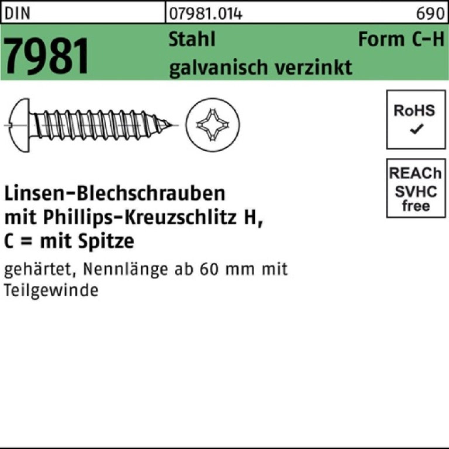 Reyher Blechschraube 100er Pack Blechschraube DIN 7981 LIKO PH C2,2x6,5-H Stahl galv.verz.