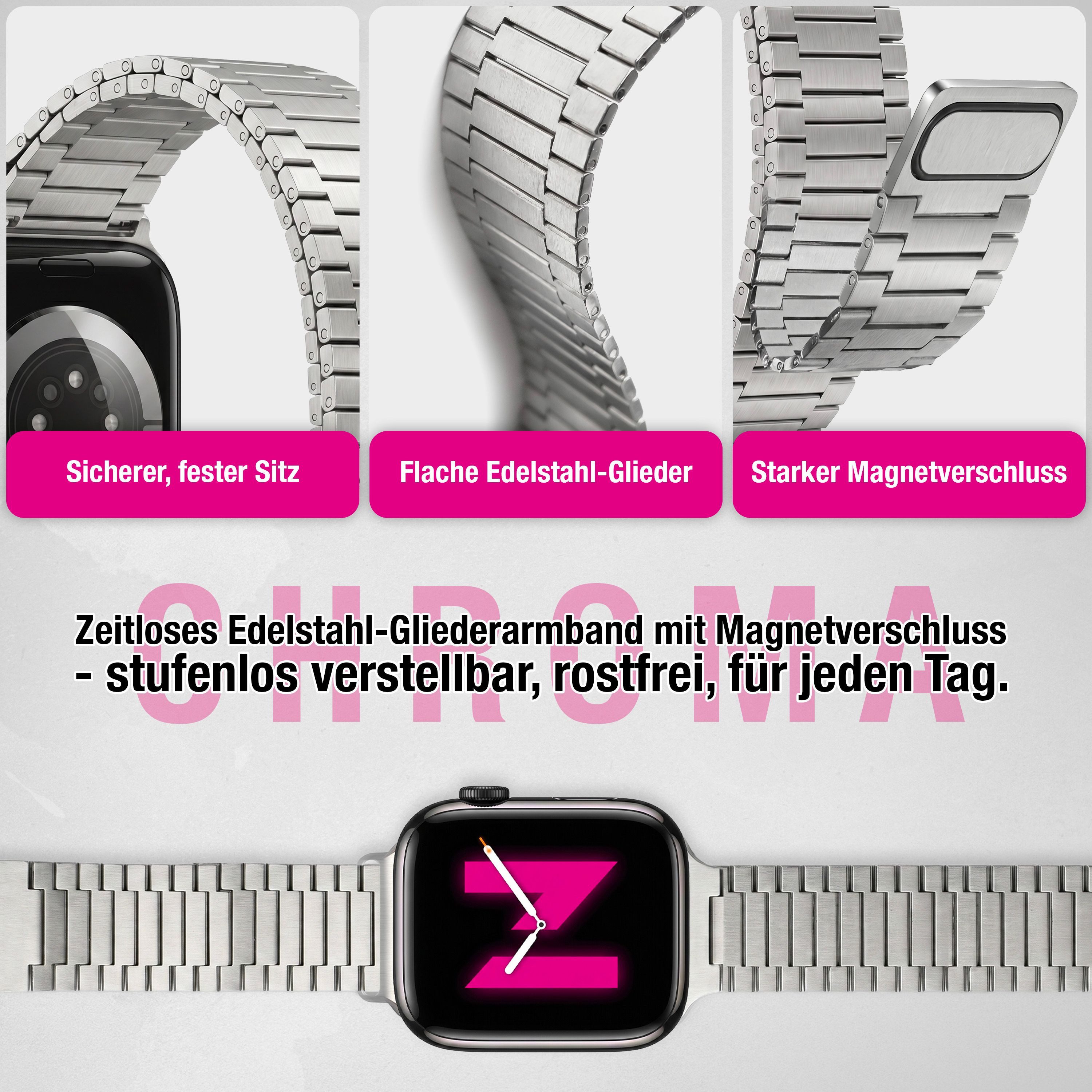 Nalia Smartwatch-Armband Apple Watch 49mm/46/45/44/42(Serie 1-3), Edles Edelstahl Ersatzarmband / für Sport Uhr / Magnetisch & Rostfrei