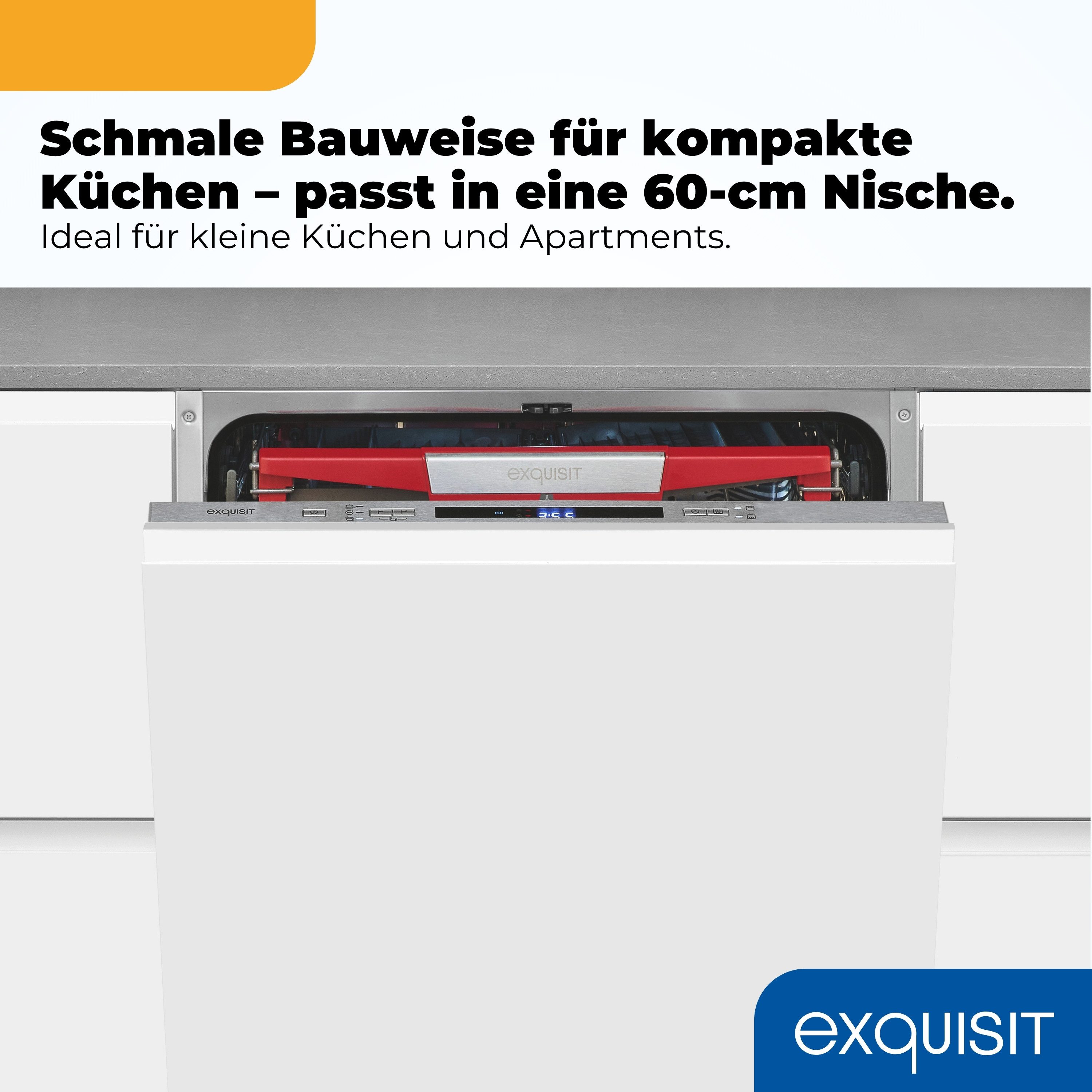 exquisit vollintegrierbarer Geschirrspüler 9614 EGSP9614-E-030A inox, 9,5 l, 14 Maßgedecke, 14 Maßgedecke & flüsterleise 42 dB – stark und angenehm ruhig