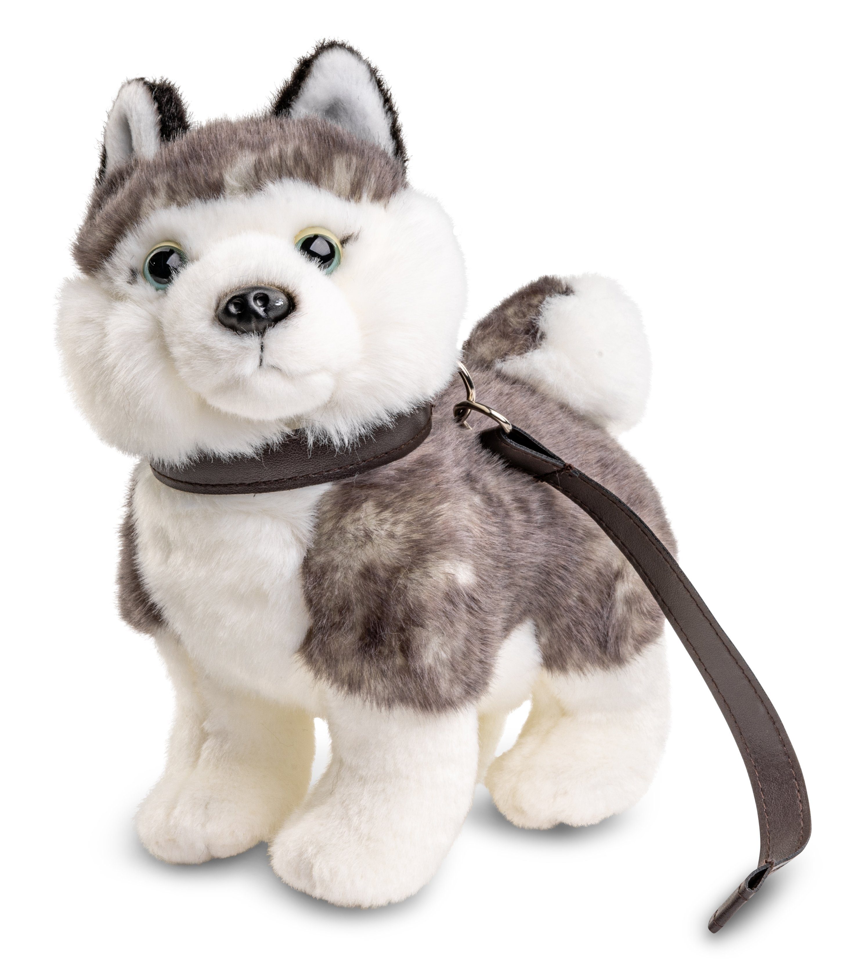 Uni-Toys Kuscheltier Husky Welpe grau, 24 Plüschtier, (m. 100 - Leine) Füllmaterial cm recyceltes - % zu stehend Plüsch-Hund