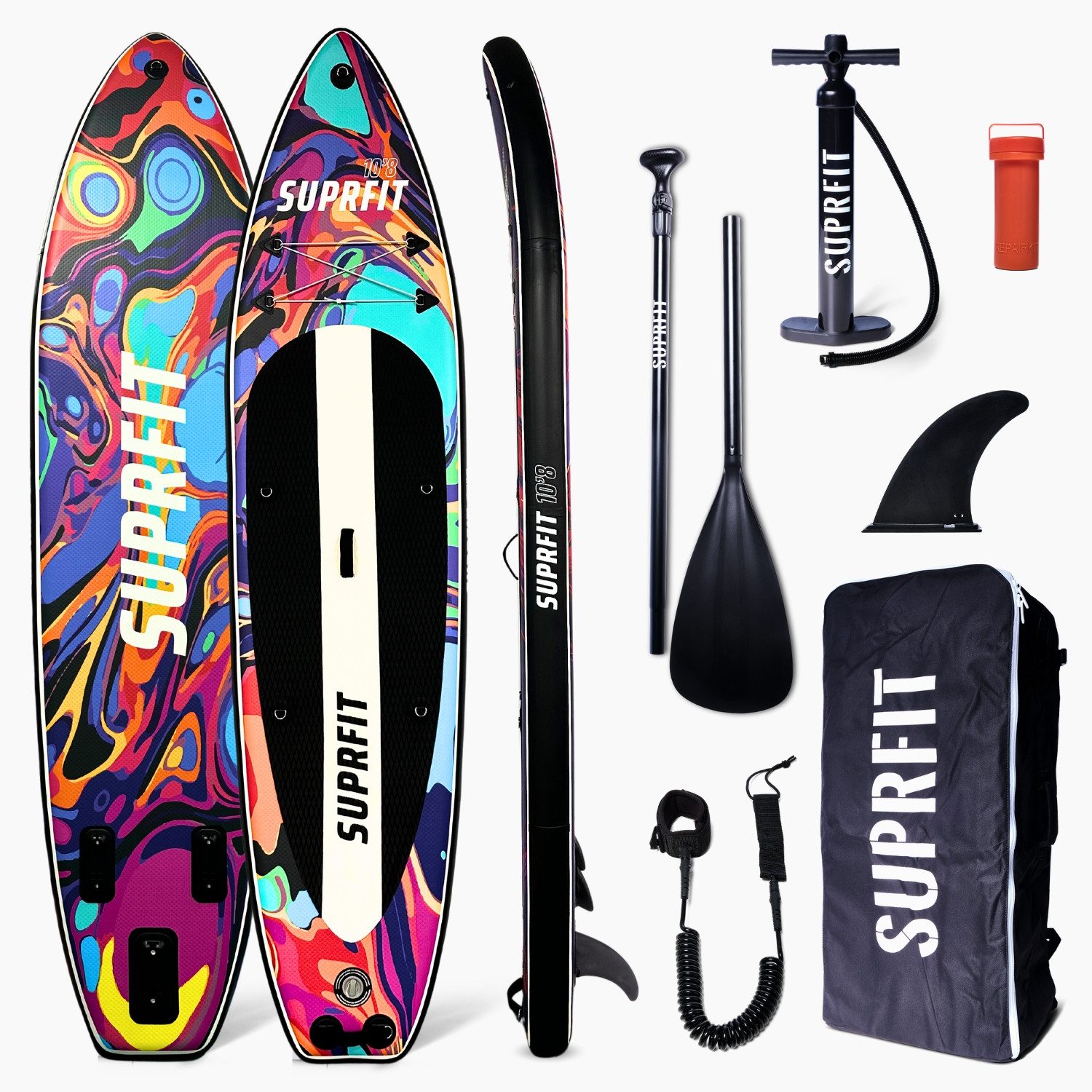 SF SUPRFIT Inflatable SUP-Board Water Marble, Touring, Set inklusive Pumpe, Paddel, Finnen, Rucksack, Leash & Reparaturkit