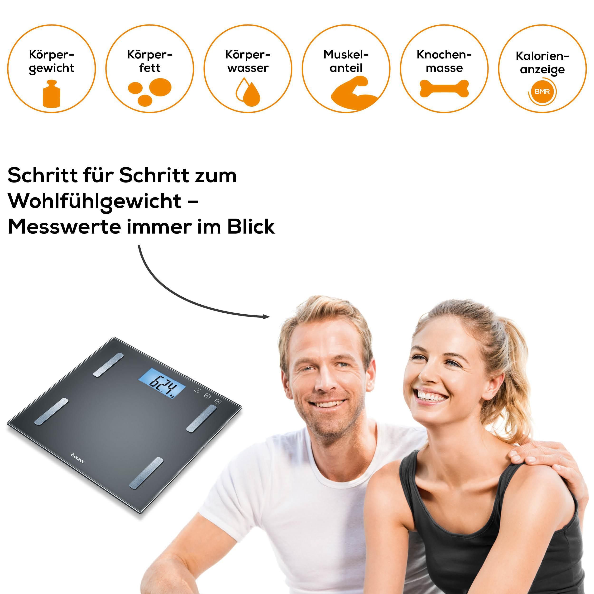 BEURER Körper-Analyse-Waage BF 180 zur Ermittlung der Körperwerte, Tragkraft mit 180 kg, Elektroden aus gebürstetem Edelstahl