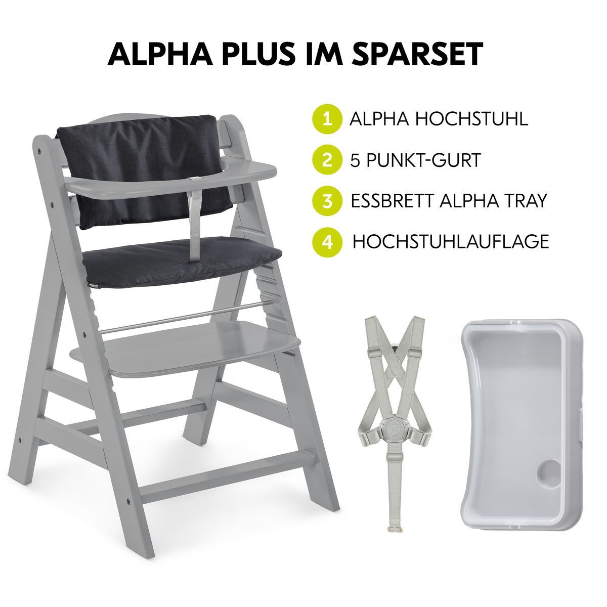 Hauck Hochstuhl Alpha Plus Grau, Holz Kinderhochstuhl Babystuhl mit Essbrett, Sitzkissen - verstellbar