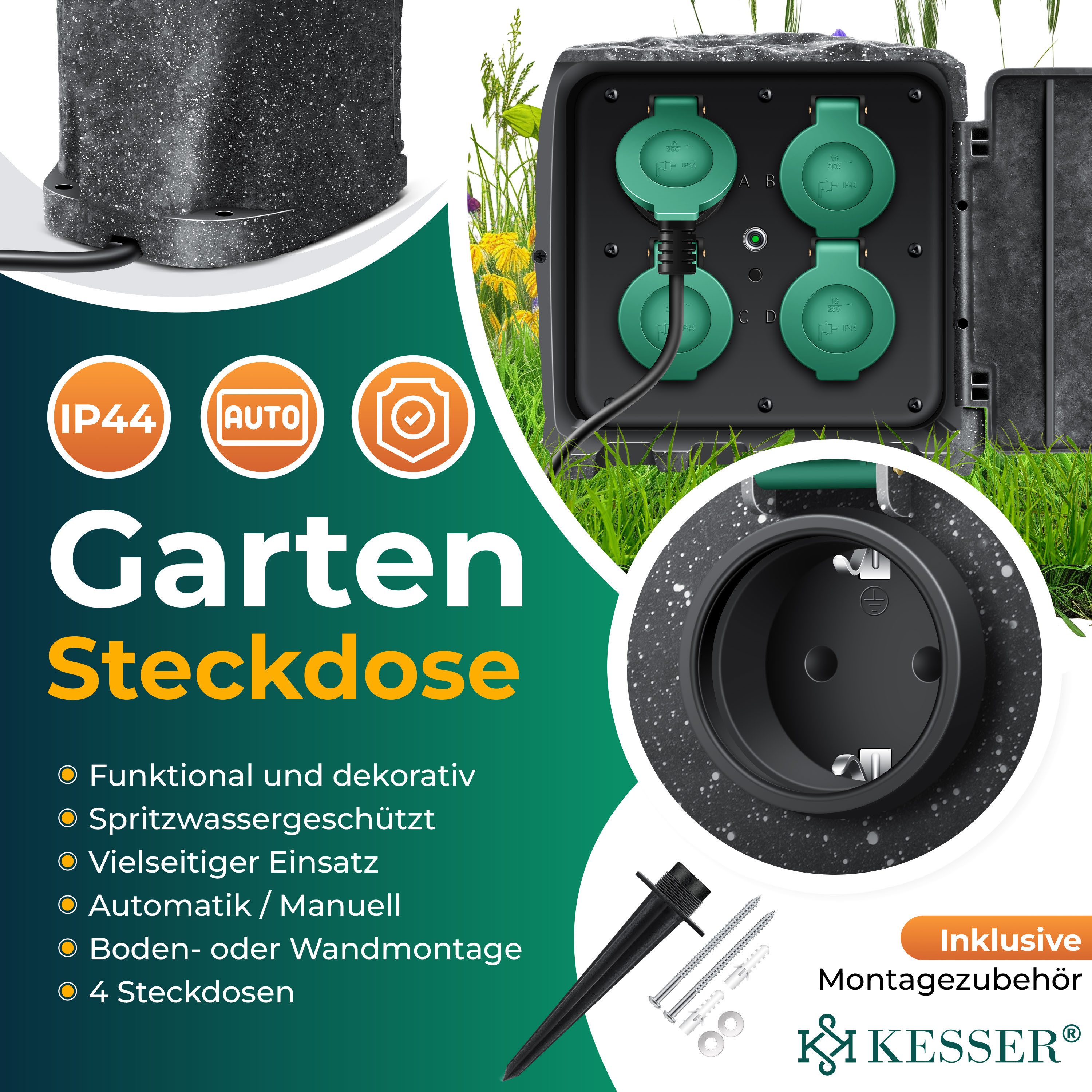 KESSER Gartensteckdose, Gartensteckdose Steinoptik mit Steckplätzen mit WiFi Fun