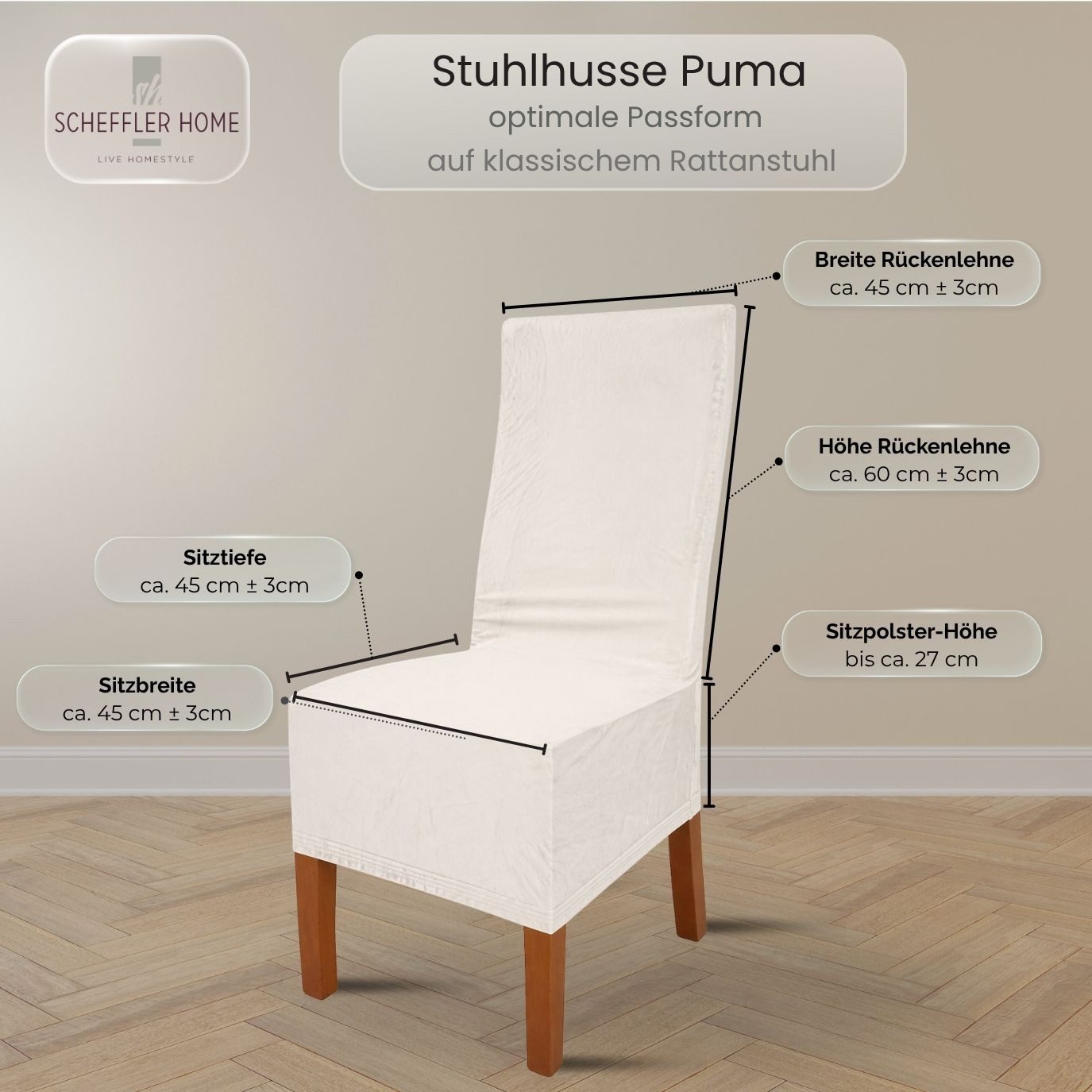sh SCHEFFLER-HOME LIVE HOMESTYLE Stuhlhusse VelvetFit Puma – elastischer Stuhlbezug, für große Stühle, Samt-Optik, Idealmaße 46×66 cm Rückenlehne