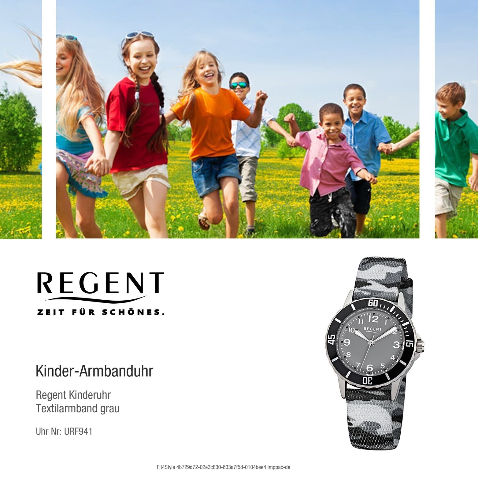 Quarzuhr, Regent mit Elegan F-941 Regent Kinderuhr Kinder rundes Uhr Gehäuse, Textilarmband, Textil 32mm), (ca. Quarzuhr mittel