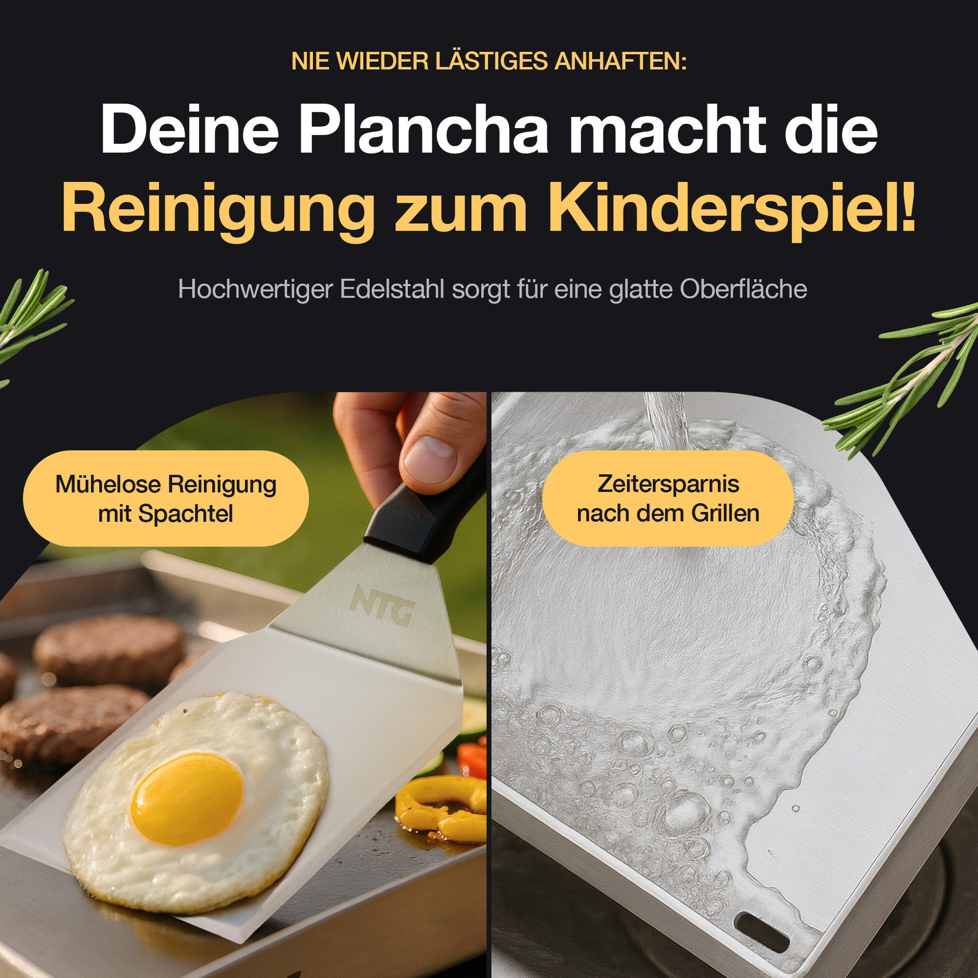 NTG Nutzfahrzeug Technik GmbH Grillplattenaufsatz Plancha Grillplatte Edelstahl 40×30cm Spachtel I Rostfrei+formstabil, Edelstahl