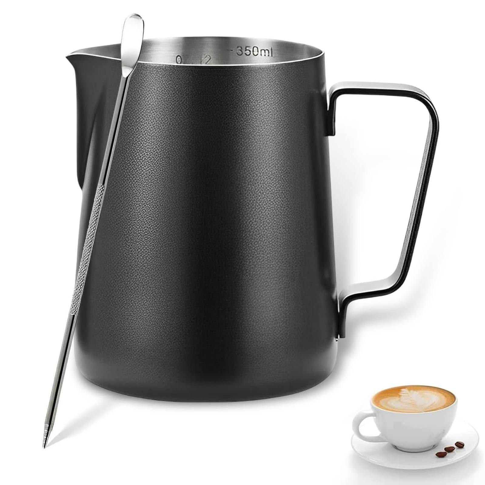 BlingBin Milchkännchen Aufschäumer Kännchen mit Barista Stift, Edelstahl Milchaufschäumkrug, 0.35 l, (1er Set, 1-St., Produktabmessungen: 10.5 x 7.5 x 9.5cm), Kaffee-Aufschäumer mit Messung für Cappuccino, Espresso, Latte
