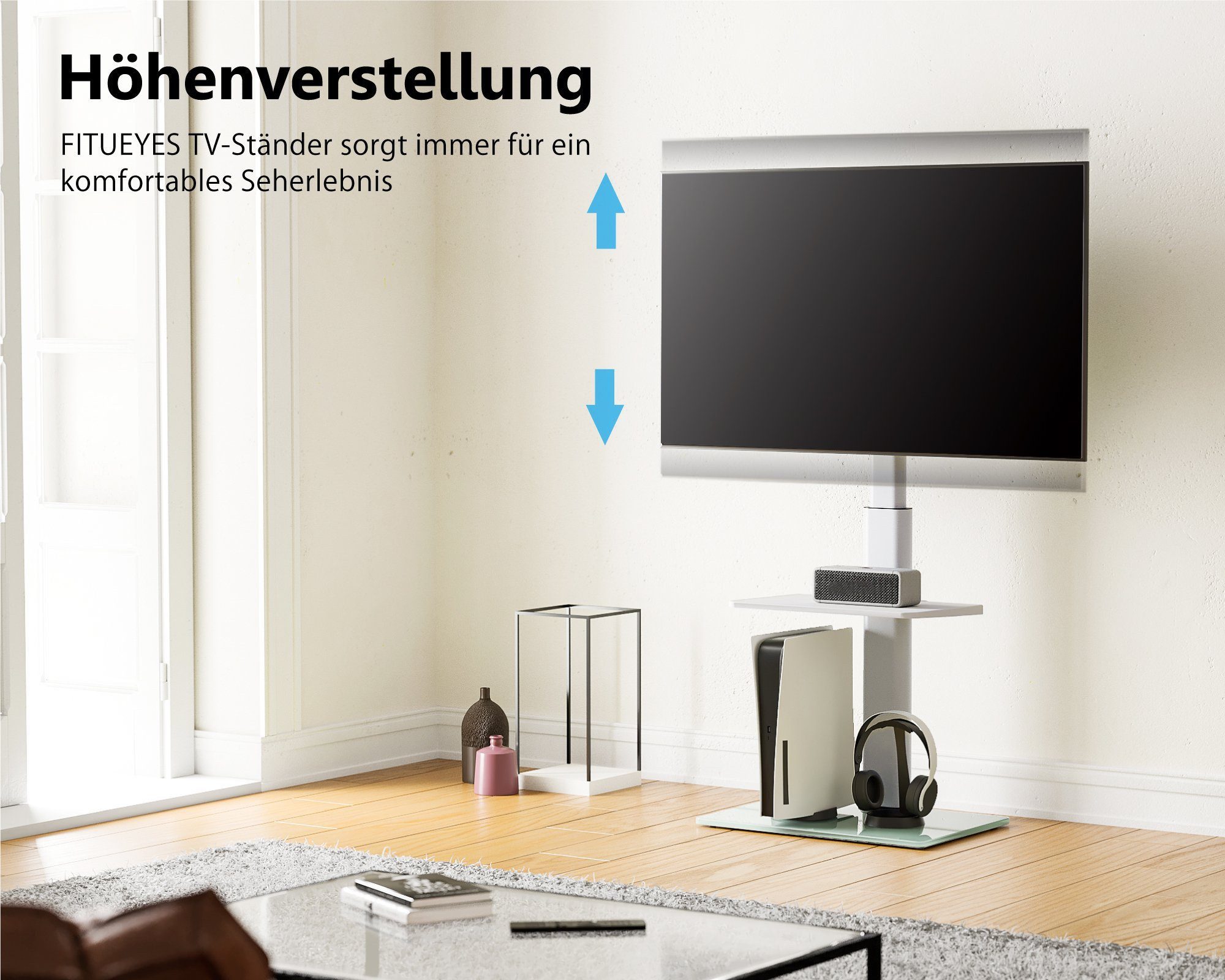 FITUEYES TV-Ständer mit höhenverstellbarer Ablage, 32-60 Zoll, (bis 60,00 Zoll, höhenverstellbar, ±35° schwenkbar, rutschfeste Füße)