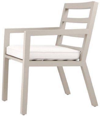 Casa Padrino Esszimmerstuhl Luxus Esszimmerstuhl mit Armlehnen Sandfarben / Weiß 56 x 66,5 x H. 87 cm - Wetterbeständiger Aluminium Stuhl mit Sitzkissen - Garten Terrassen Stuhl - Luxus Qualität